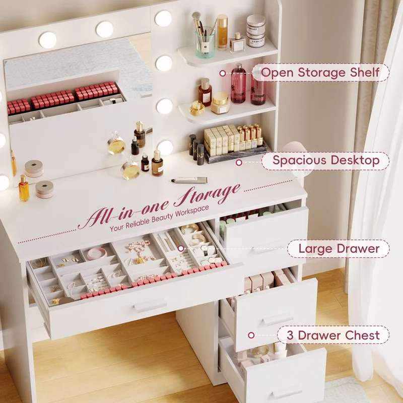 Lacoo Vanity Desk with Mirror and LED Lights, Makeup Vanity with 7 Drawers & 4 Shelves, Vanity Table with Power Outlet for Bedroom Dressing Room, White - Image 35
