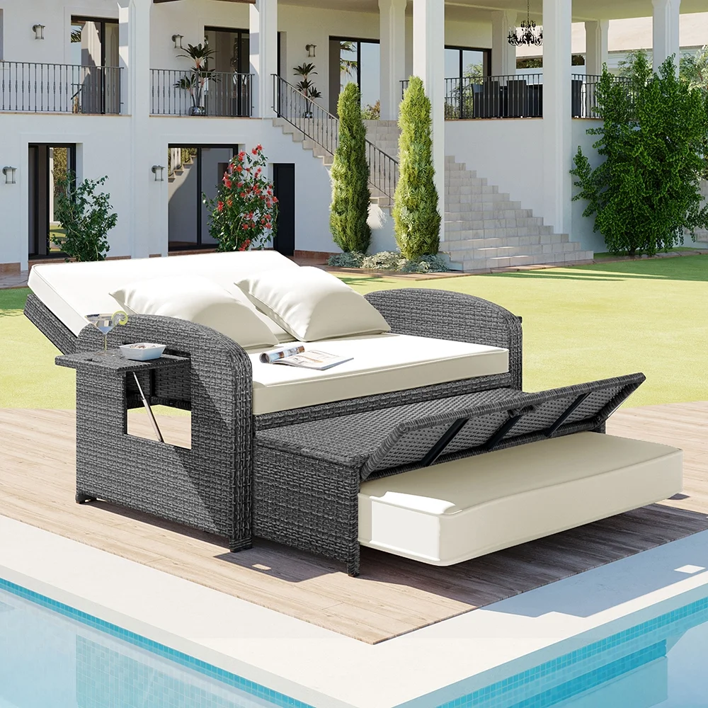 Harper & Bright Designs Rattan Outdoor Double Lounge Chaise 2-Person PE Wicker Outdoor Patio Sunbed with Canopy Cover for Backyard Garden Balcony, Beige+Black - Image 17