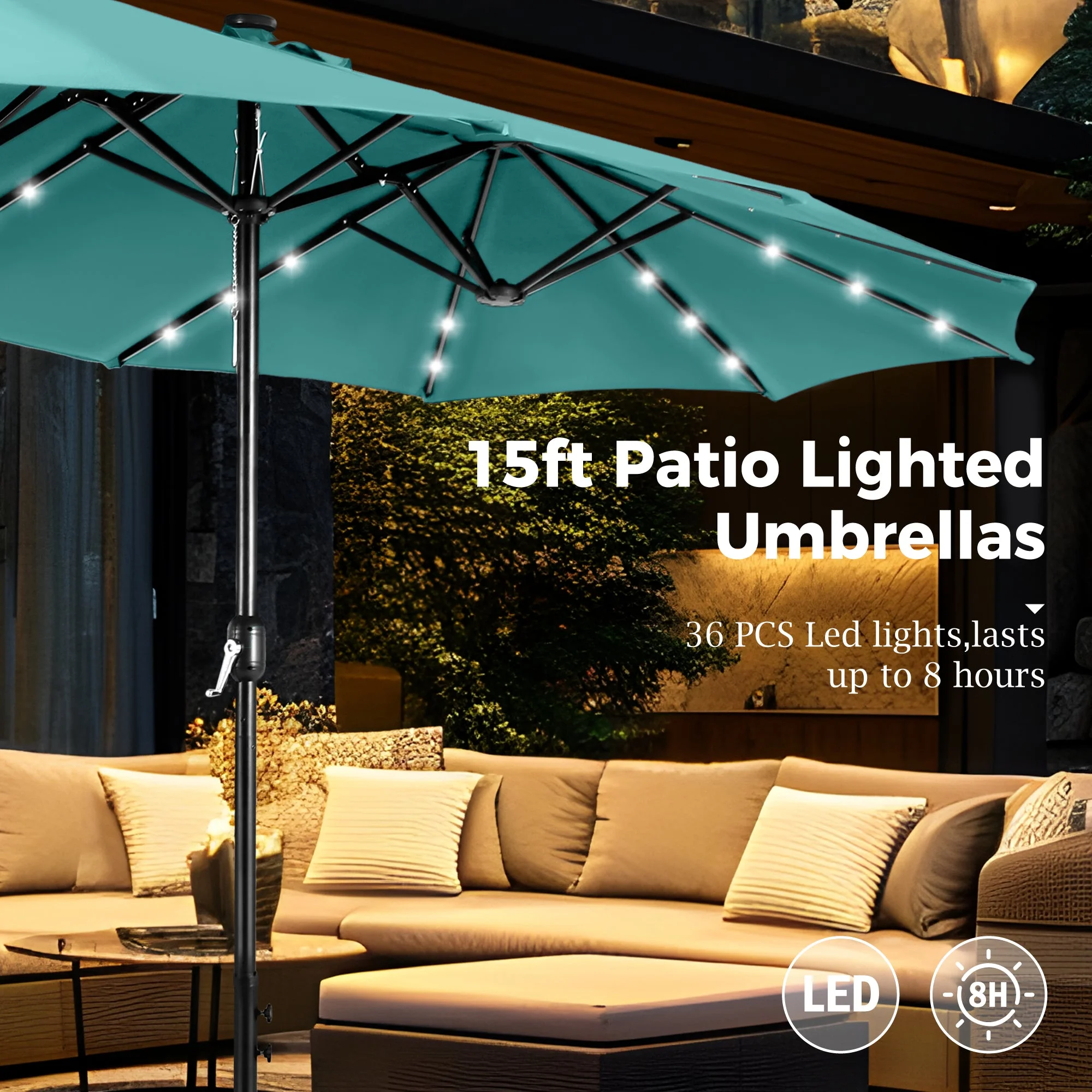 Alpha Joy 15ft Extra Large Outdoor Patio Double-Sided Umbrella with LED Solar Lights & Umbrella Base, Beige - Image 50