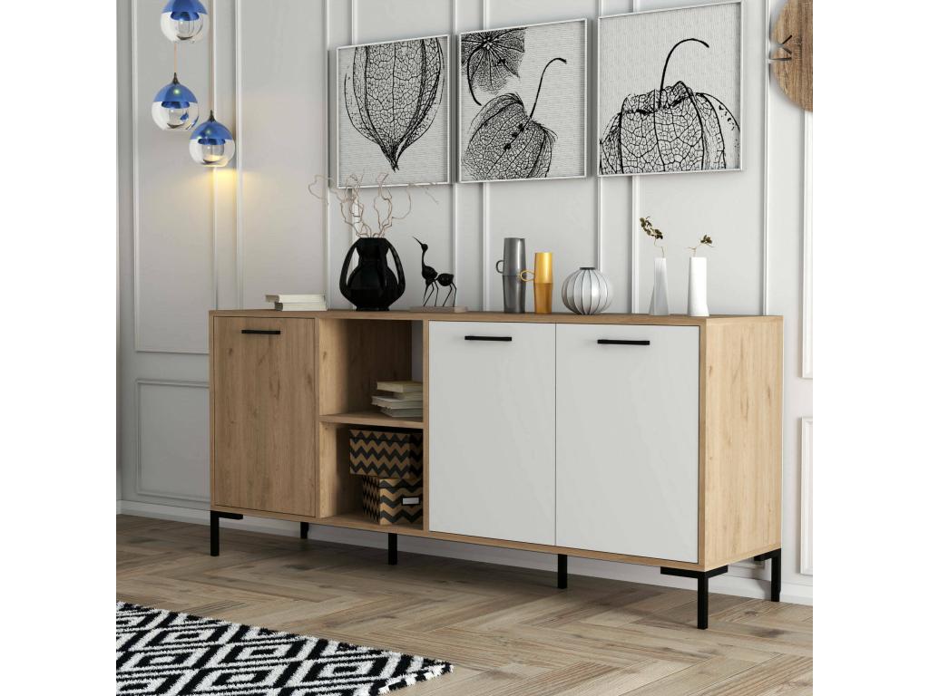Aparador Dabbondanzier, Bufé de salón, Aparador de salón, Despensa de cocina, 180x45 h80 cm, Roble y Blanco