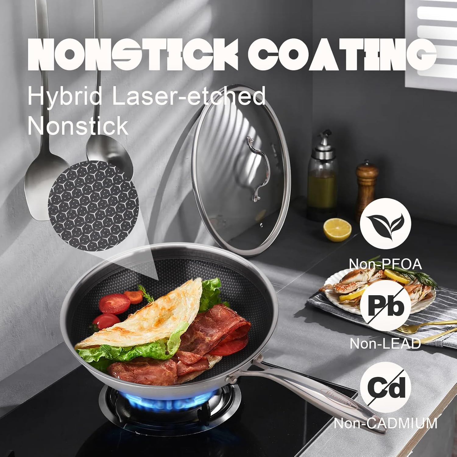 Hybrid Wok, 13 inch Wok with lid,Stainless Steel woks & Stir-fry pans Non Stick, PFOA Free Cookware, Dishwasher and Oven Safe, Compatible With Induction