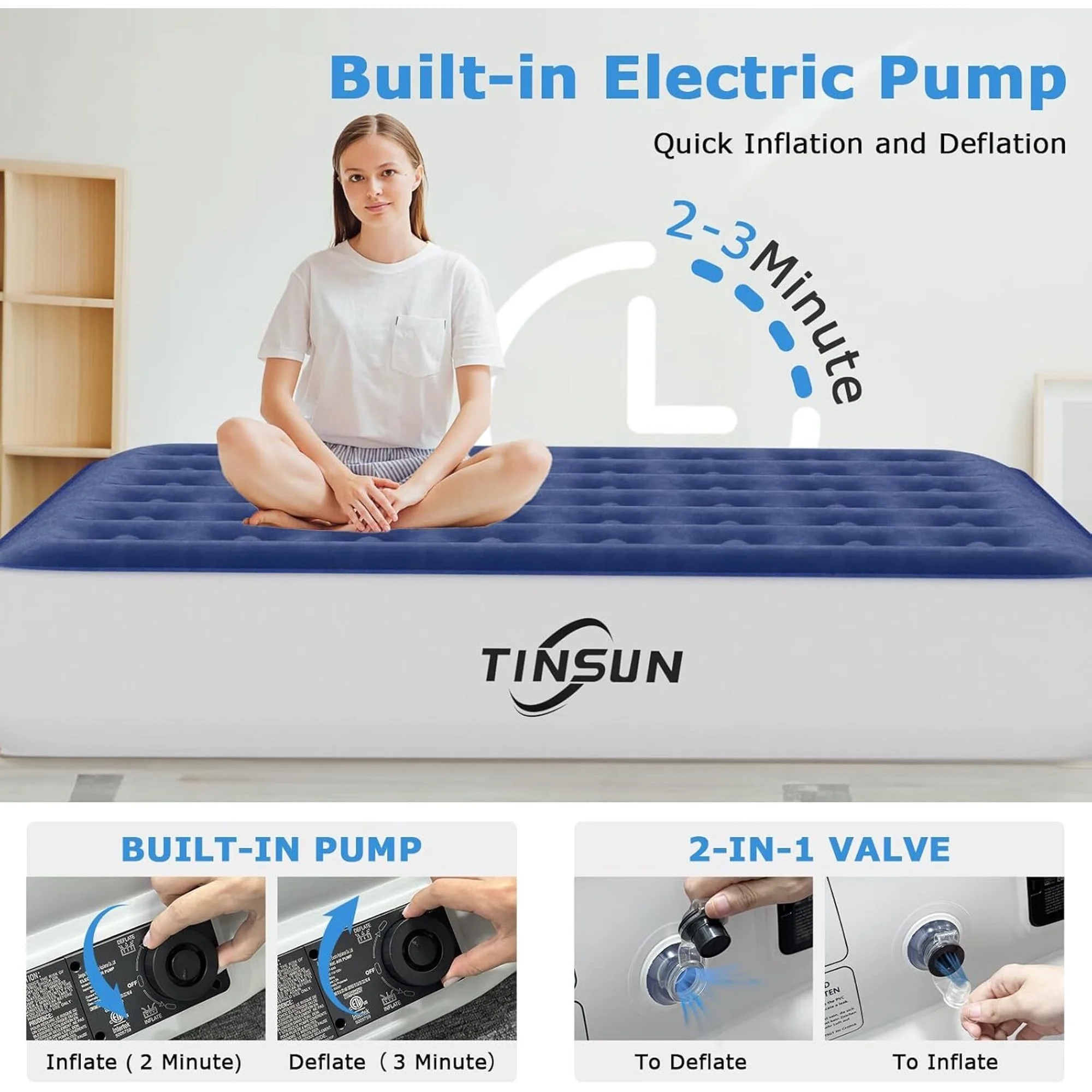 13" Queen Air Mattress, Portable Inflatable Blow Up Bed with Built-in Pump, Air Bed for Camping, Beach, Outdoor, Guest, Blue - Image 2