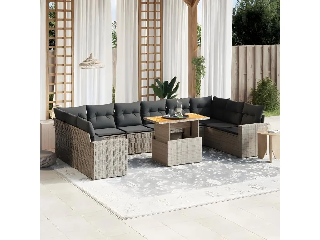 Decoencanto Set de sofás de jardín 11 pzas y cojines ratán sintético gris
