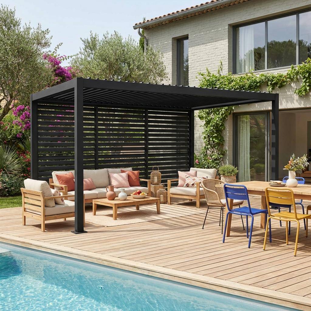 Palace 3x4m + accesorios - Pérgola bioclimática de aluminio y acero 3x4m + 3 persianas 1.3m