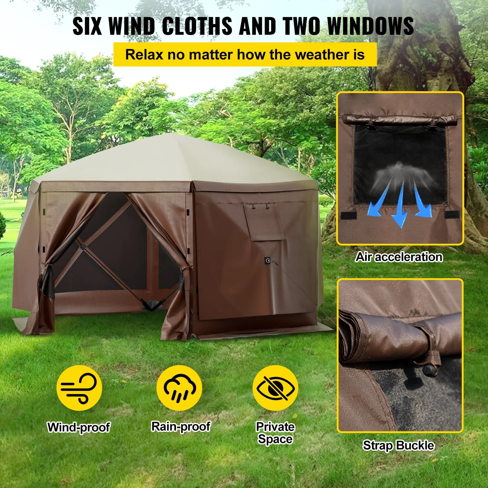 VEVORbrand Camping Gazebo Tent, 12'x12', 6 Sided Pop-up Canopy Screen Tent for 8 Person Camping, Waterproof Screen Shelter w/Portable Storage Bag, Ground Stakes, Mesh Windows, Brown & Beige - Image 3