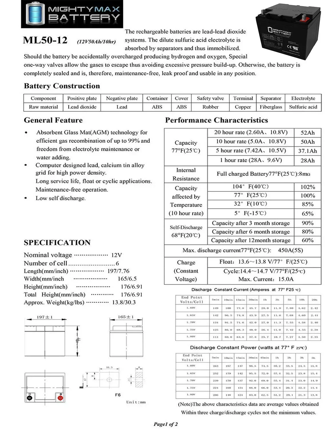 12V 50AH Sealed Lead Acid Replacement Battery - ML50-12 - Image 5 12V 50AH Sealed Lead Acid Replacement Battery - ML50-12 - Image 5