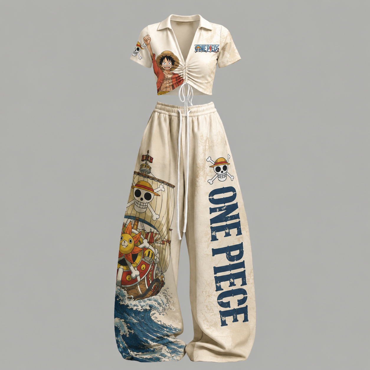 One Piece Drawstring Short Sleeve Top & Long Pants Two-Piece Set