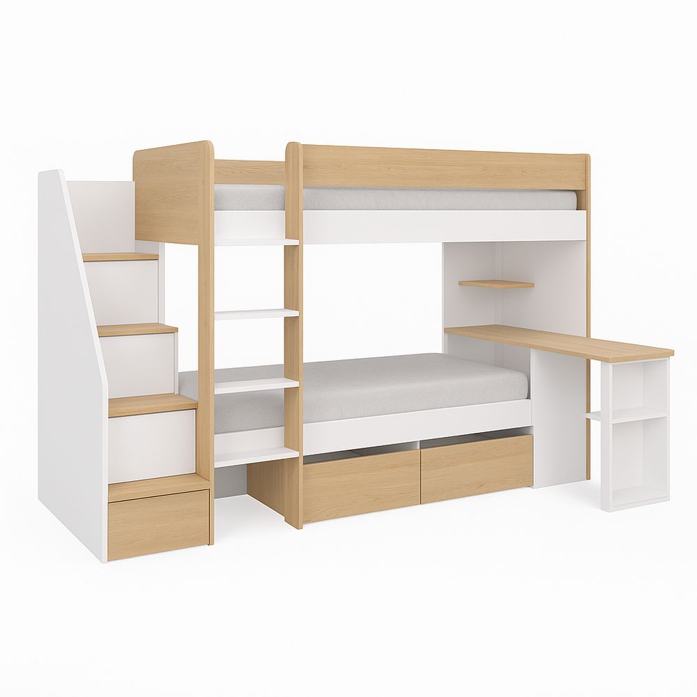 Cama literas con escritorio y estanterías, diseño moderno, madera y MDF, blanco y roble, espacio optimizado para niños