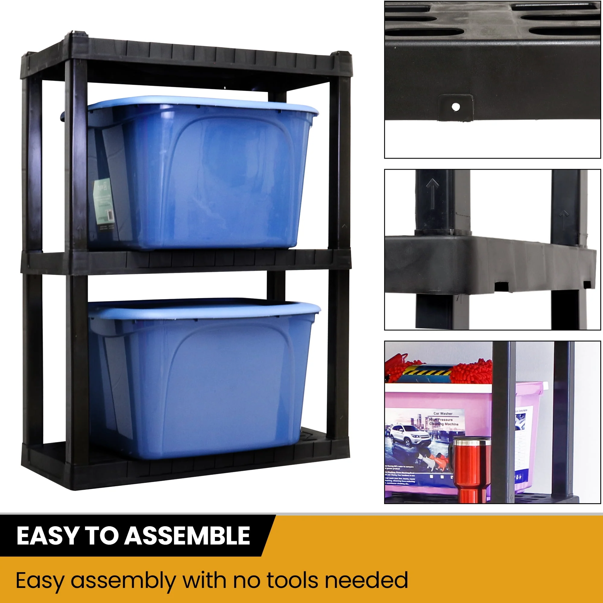 Hyper Tough 3-Tier Shelving Unit, W30 x D14 x H39" Multipurpose Garage Plastic Shelf Organizer, Black - image 3