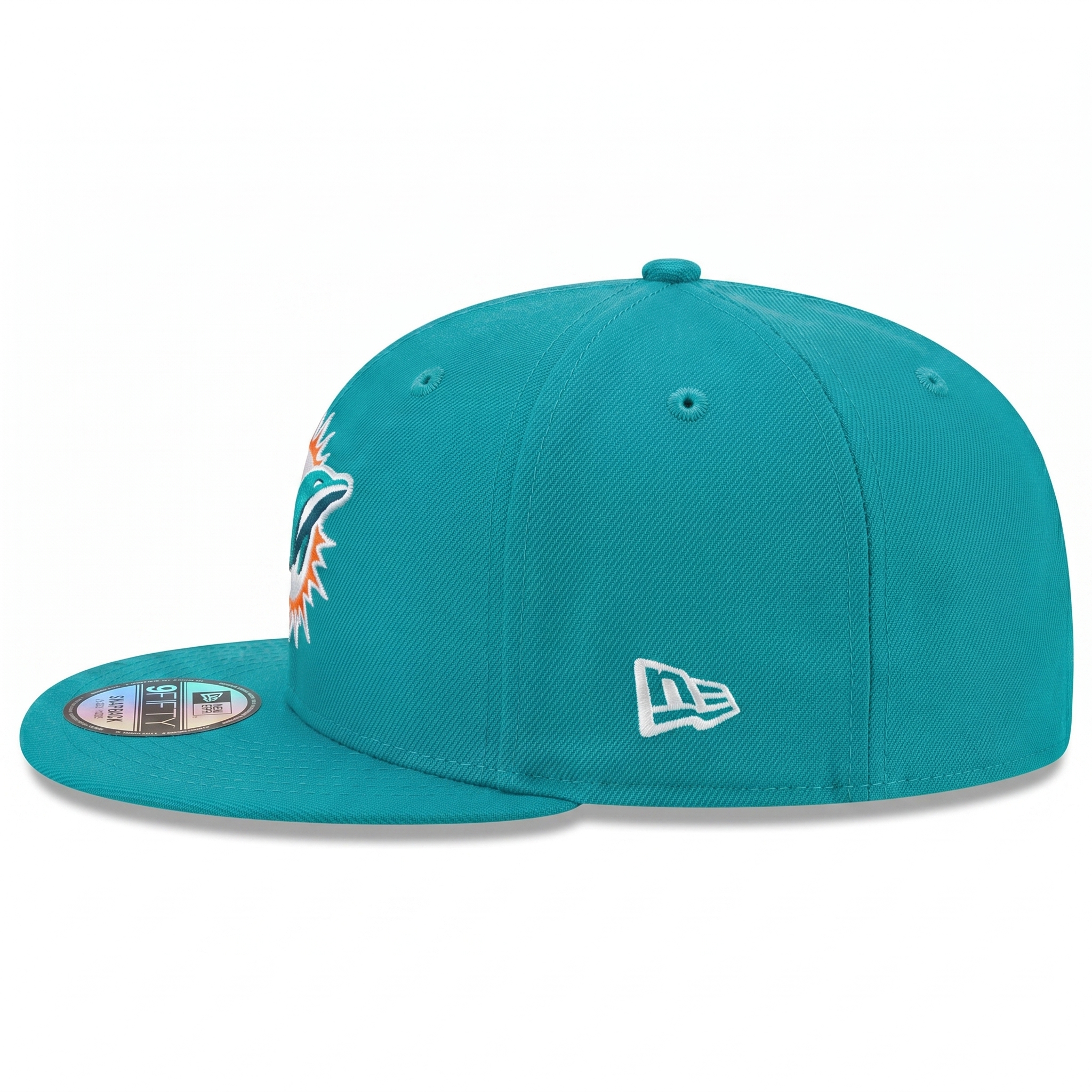 Side profile of a teal Miami Dolphins New Era 9FIFTY snapback cap featuring the side flag logo