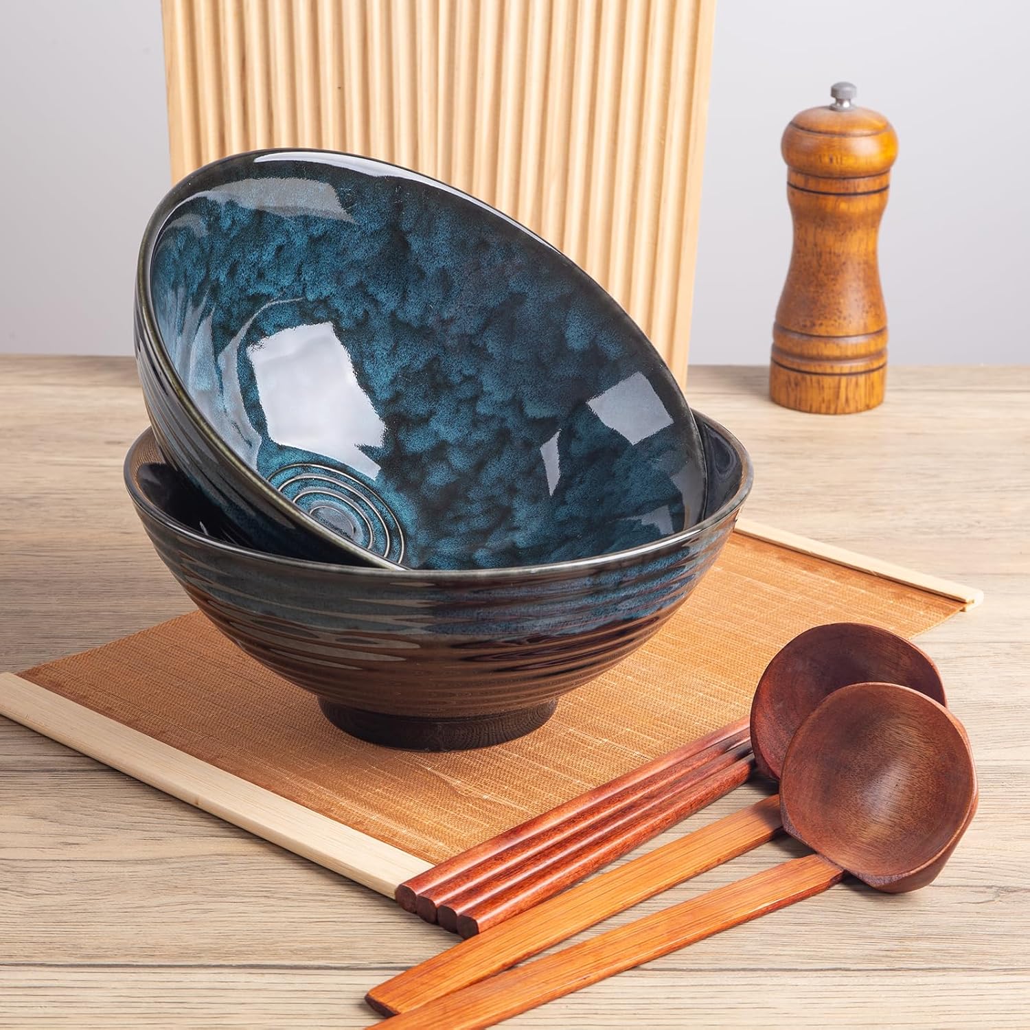 40oz Japanese Ceramic Ramen Bowl Set of 2 with Chopsticks and Spoons for Pho Udon Asian Soup Noodles (Nebula Blue)