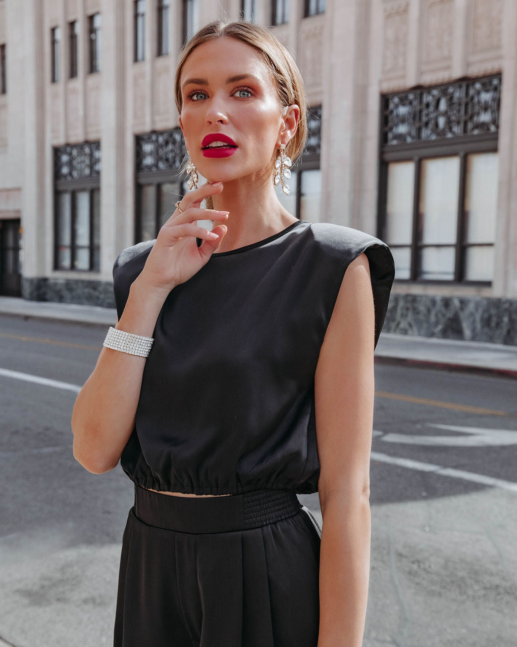 Hartford Satin Padded Shoulder Crop Top - Black - Se7enfashion