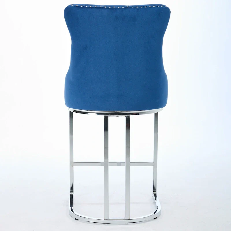 Contemporary Set of 2 Bar Stools with Button-Tufted Back and Studded Trim, Chrome Metal Base - Ideal for Dining Room, Living Room, and Bedroom