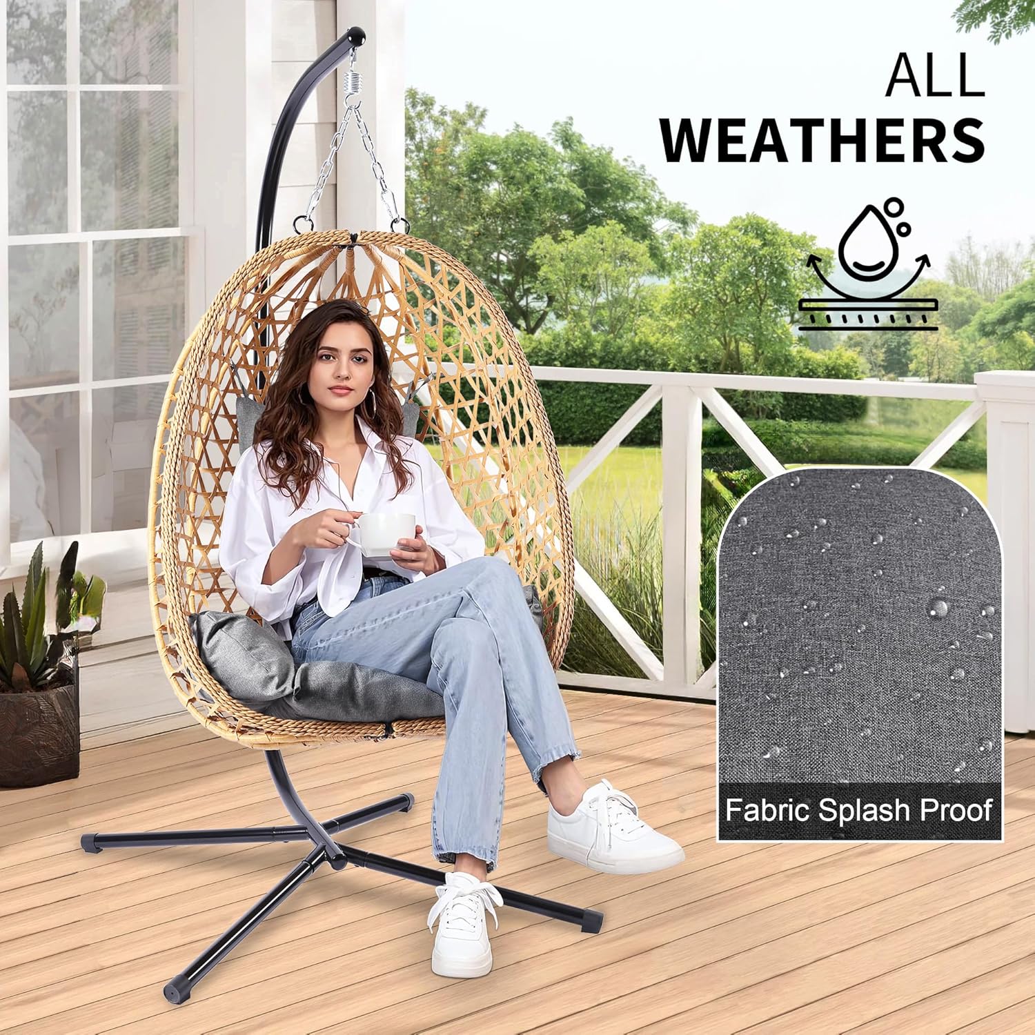 Egg Chair with Stand Patio Wicker Hanging Chair Hammock Swing Chair 350LBS Capacity