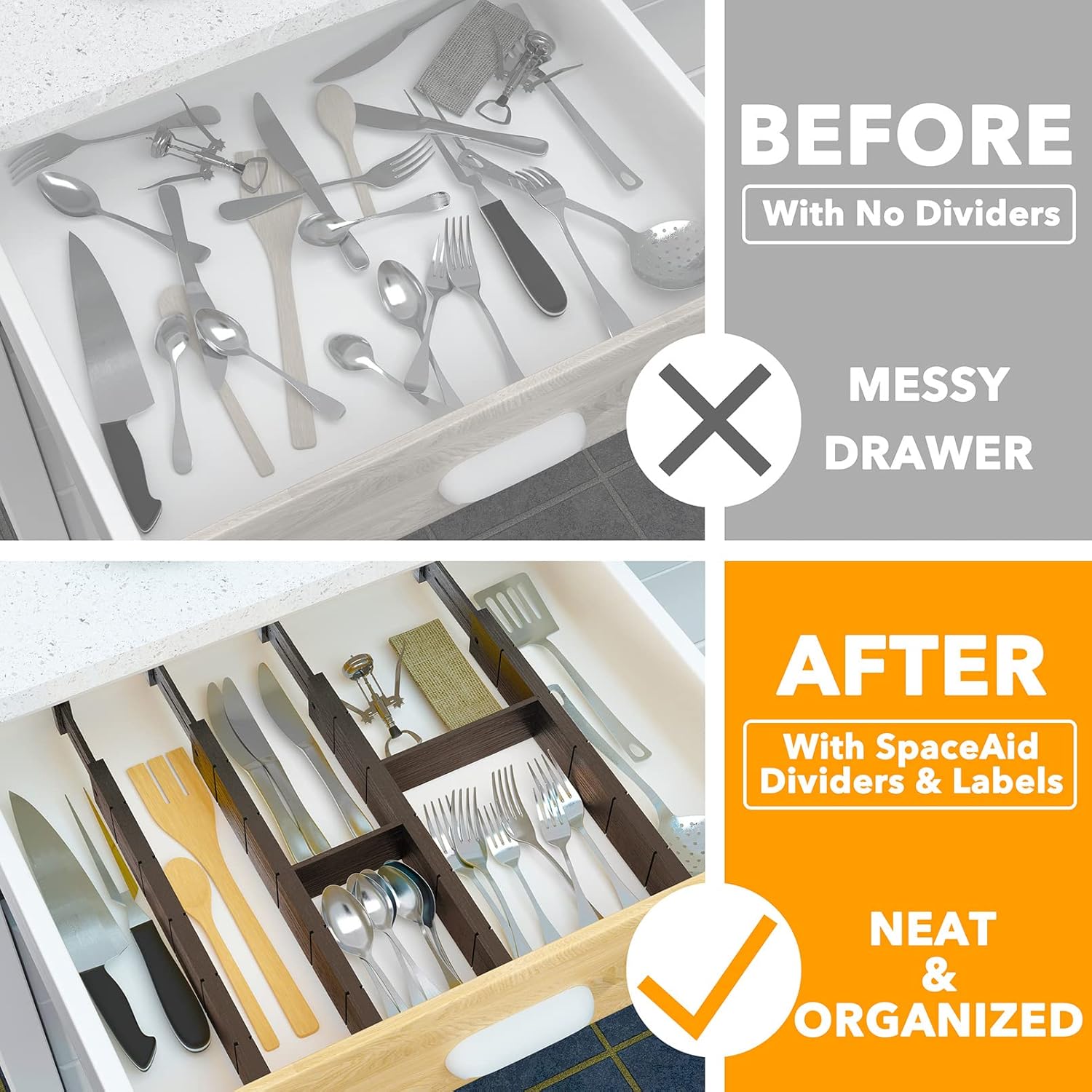 SpaceAid Bamboo Drawer Dividers with Inserts and Labels, Kitchen Adjustable Drawer Organizers, Expandable Organization for Home, Office, Dressers, 4 Dividers with 9 Inserts (17