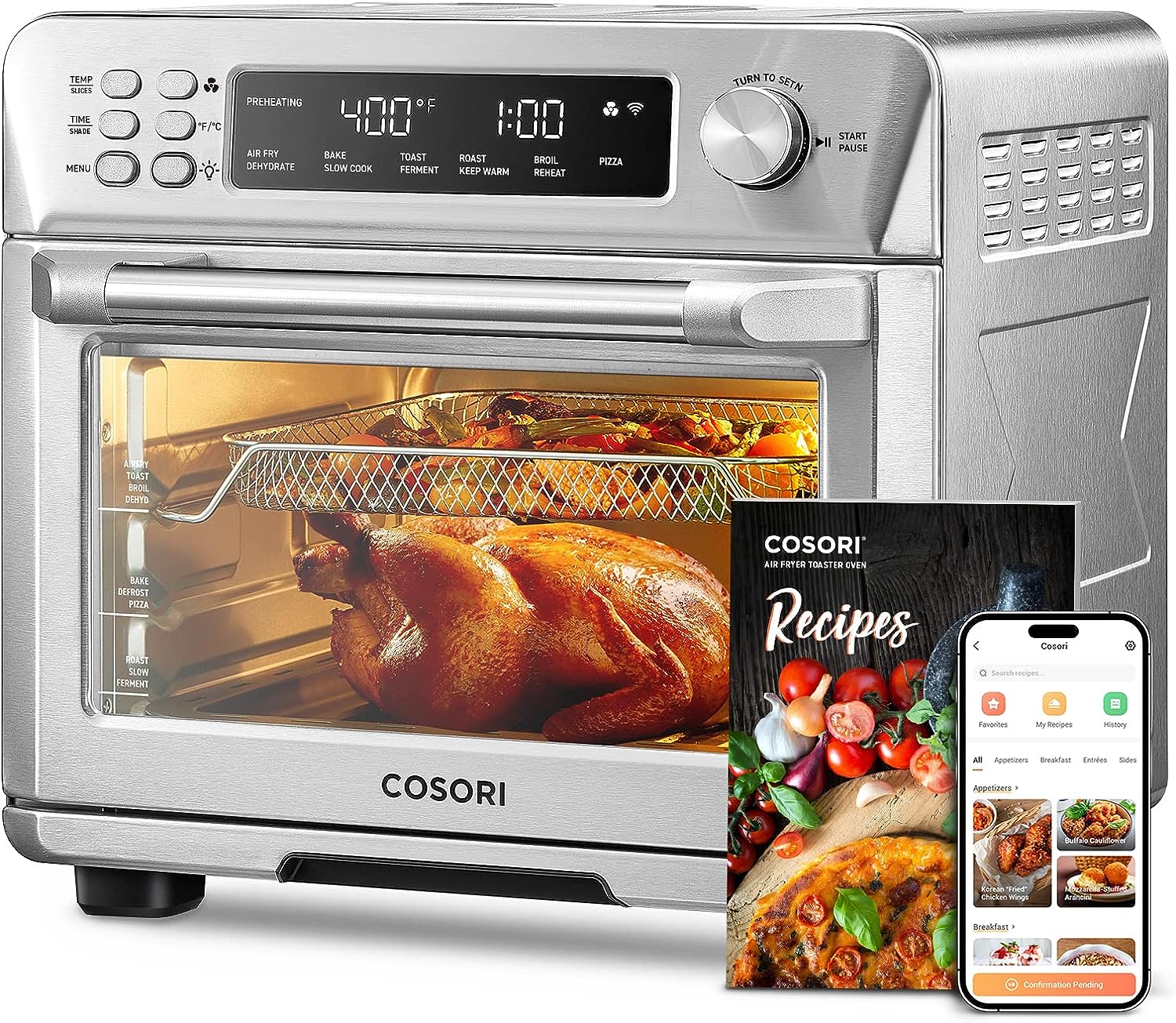 COSORI Toaster Oven Air Fryer Combo, 12-in-1, 26QT Convection Oven Countertop, Stainless Steel with Toast Bake and Broil, Smart, 6 Slice Toast, 12