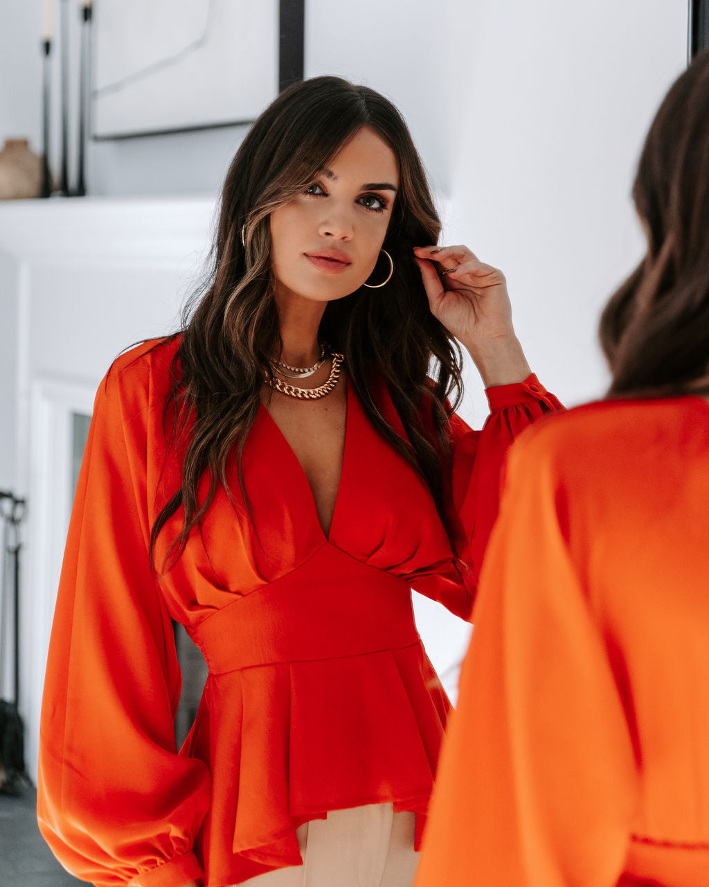 Gianna Plunge Neck Long Sleeve Top - Rust - Se7enfashion