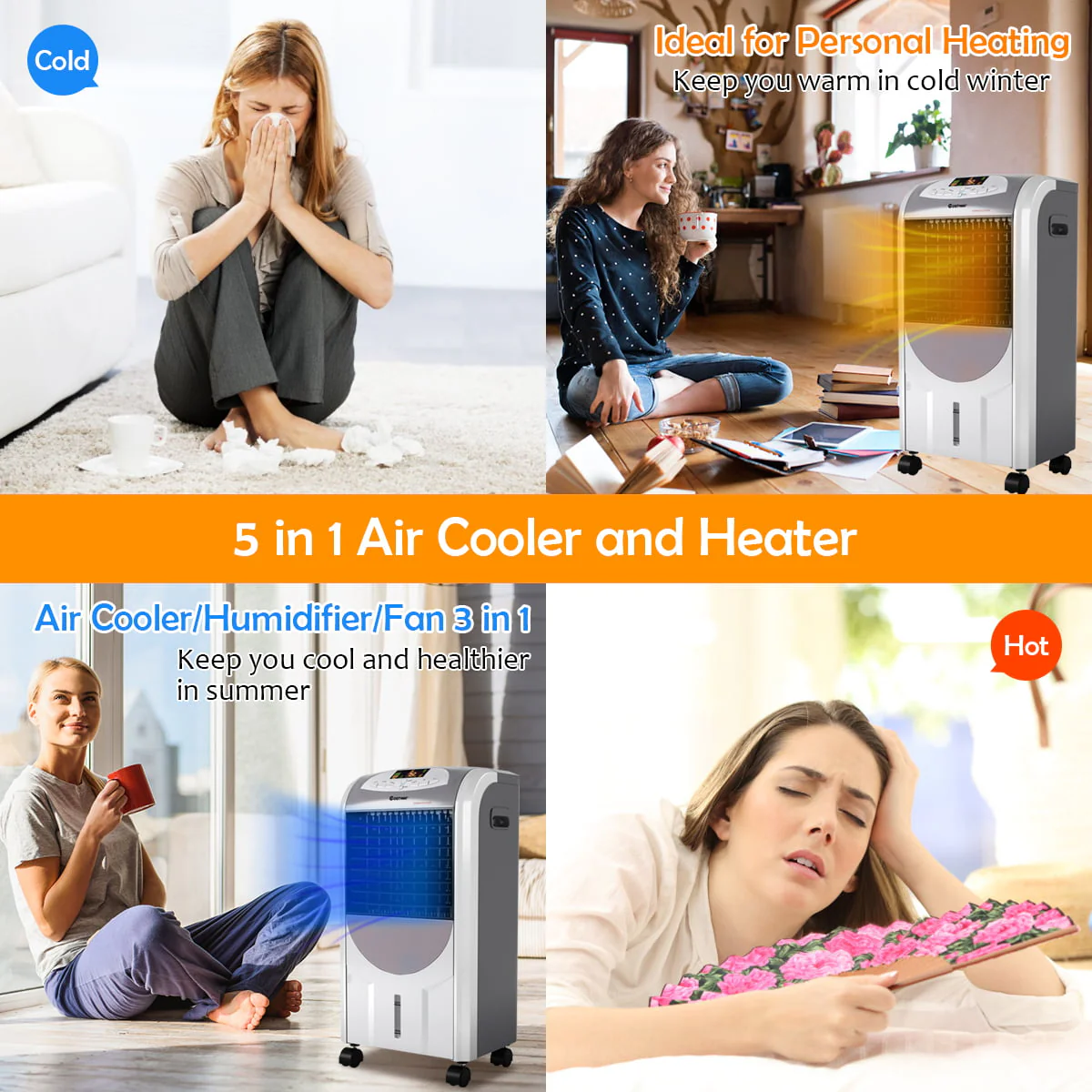 Costway Portable Air Cooler Fan & Heater Humidifier with Washable Filter Remote Control - Image 3