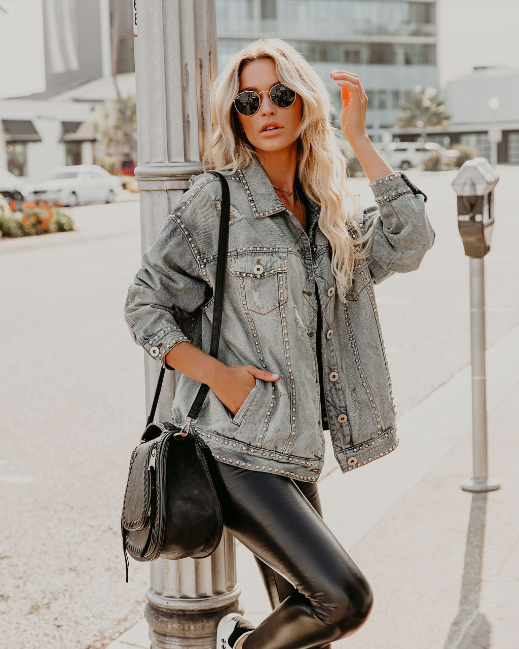 Kind Of A Big Deal Pocketed Studded Denim Jacket - Light Wash - Se7enfashion