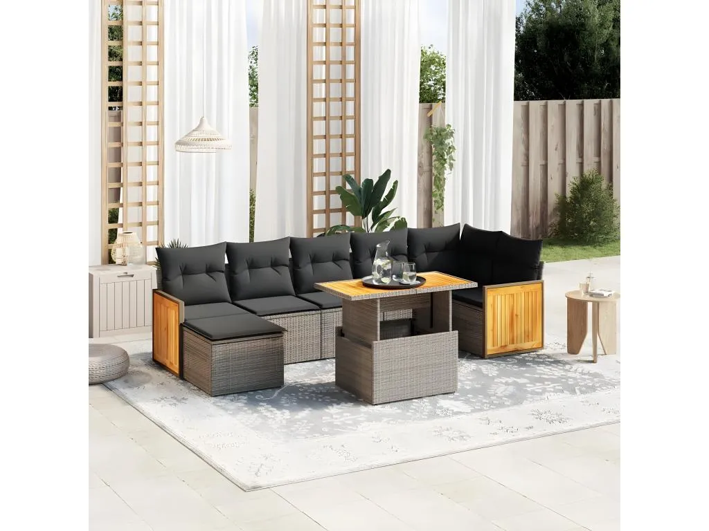 Set de sofás de jardín 8 piezas y cojines ratán sintético gris RSJD91773