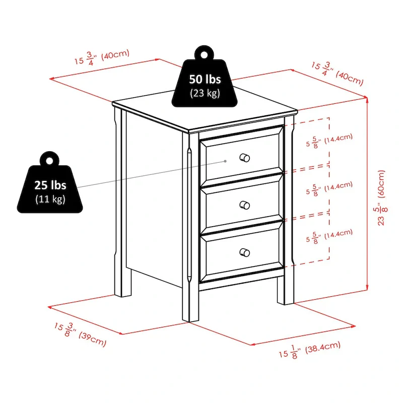 Elegant Black Wooden Nightstand with 3 Generous Storage Drawers - Dimensions: 15.75L x 15.75W x 23.63H