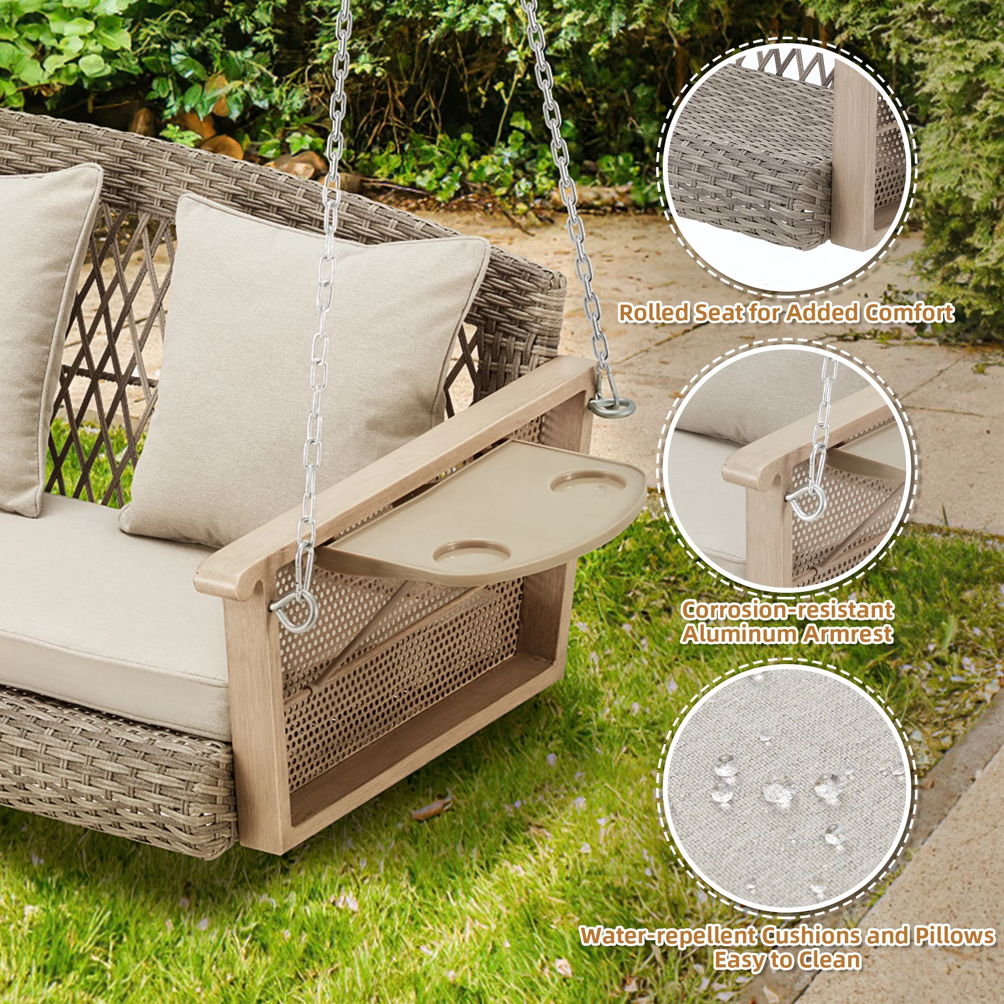 Homrest 3-Person Porch Swing 55in Wicker Hanging Swing Bench with Cushions and Cupholders for Deck, Garden and Backyard, Beige - Image 10