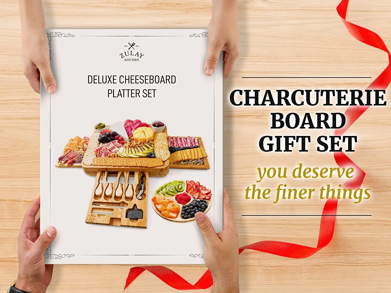 Zulay Kitchen Bamboo Cheese Board Set Extra Thick Charcuterie Board 15 Piece - Deluxe Set - Image 7
