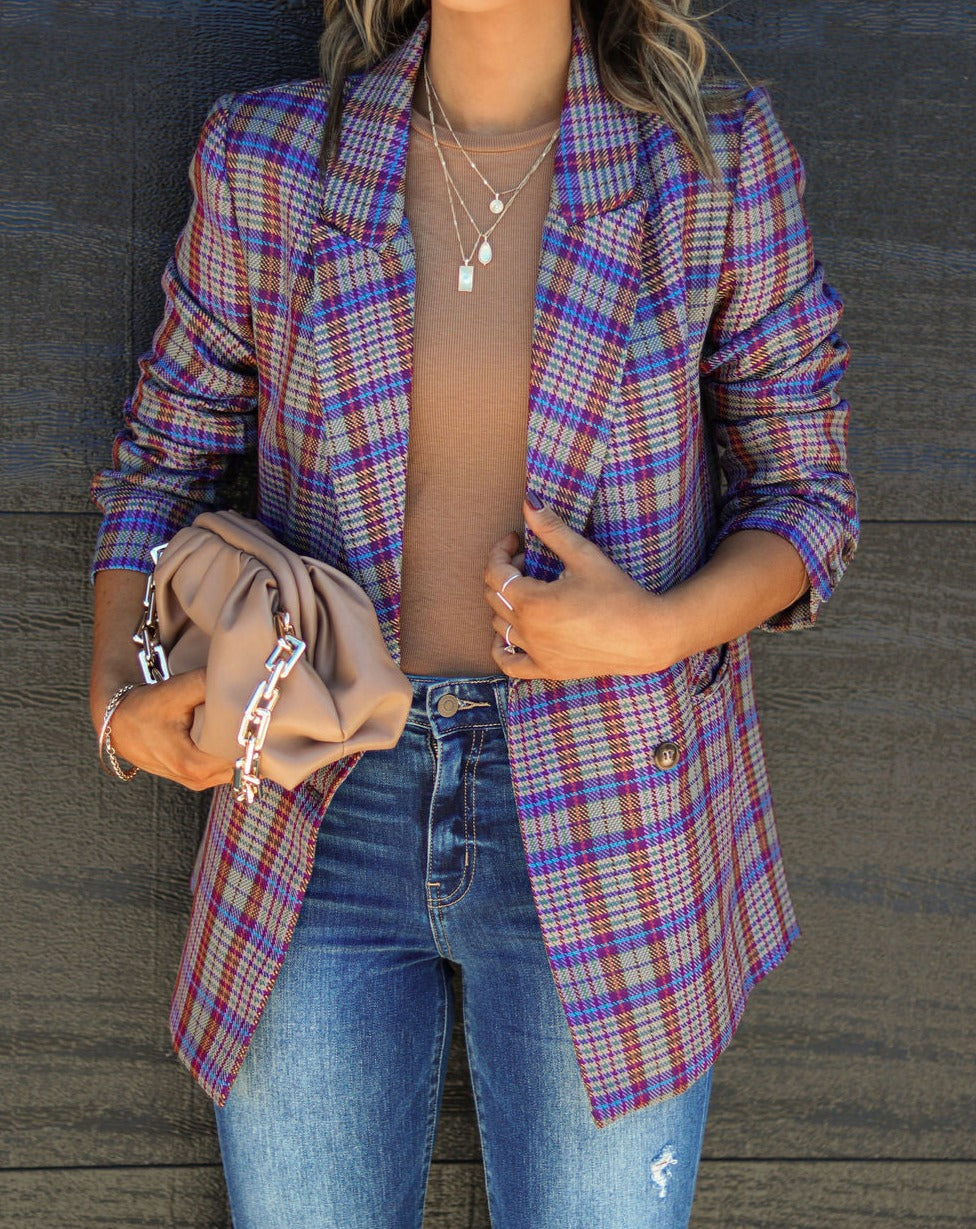 Front And Center Plaid Pocketed Blazer - Se7enfashion