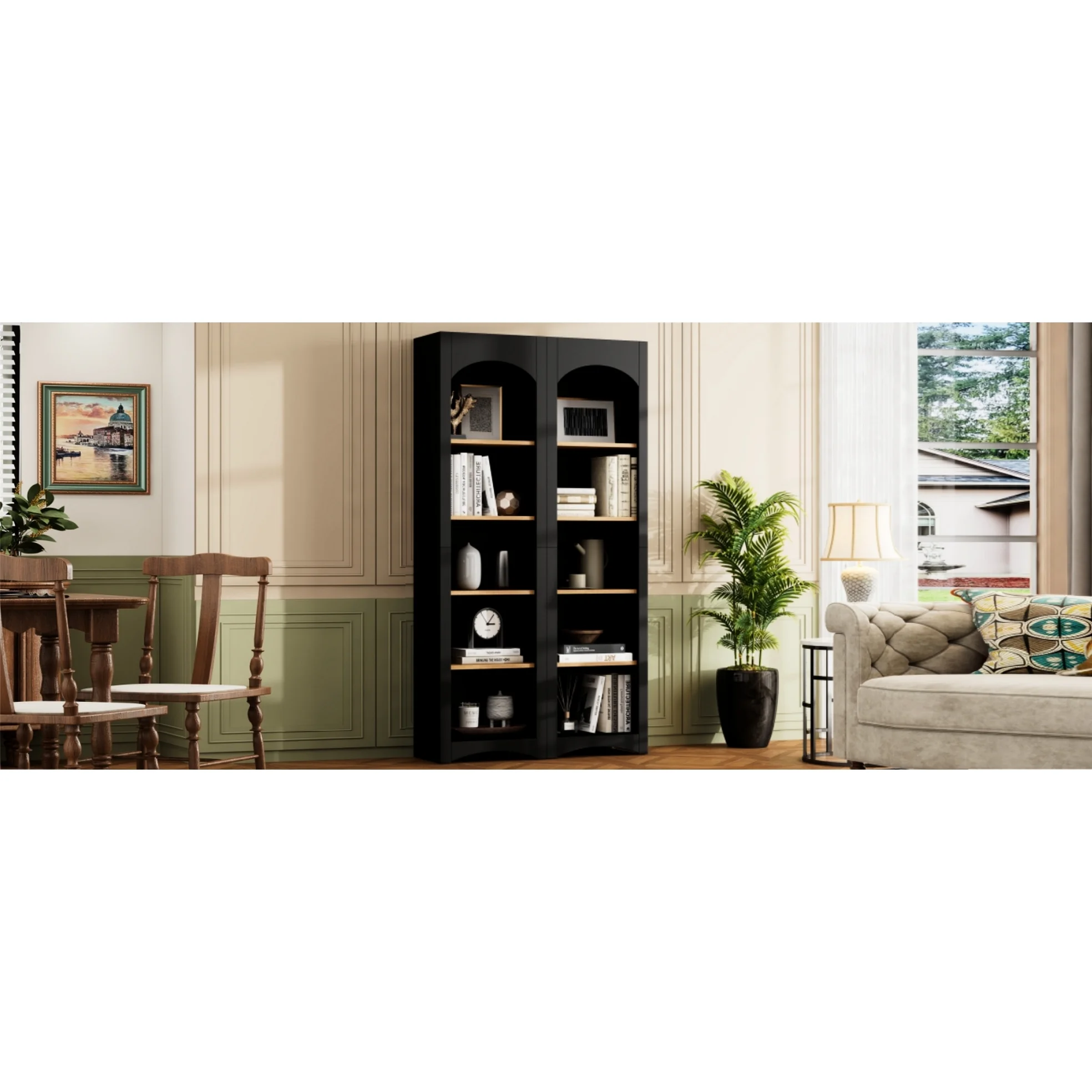 72"h Pantry Pair, 2 , Adjustable Shelves, , Black Finish 2 Bookcase , Cabinet With Vintage Style - Image 7