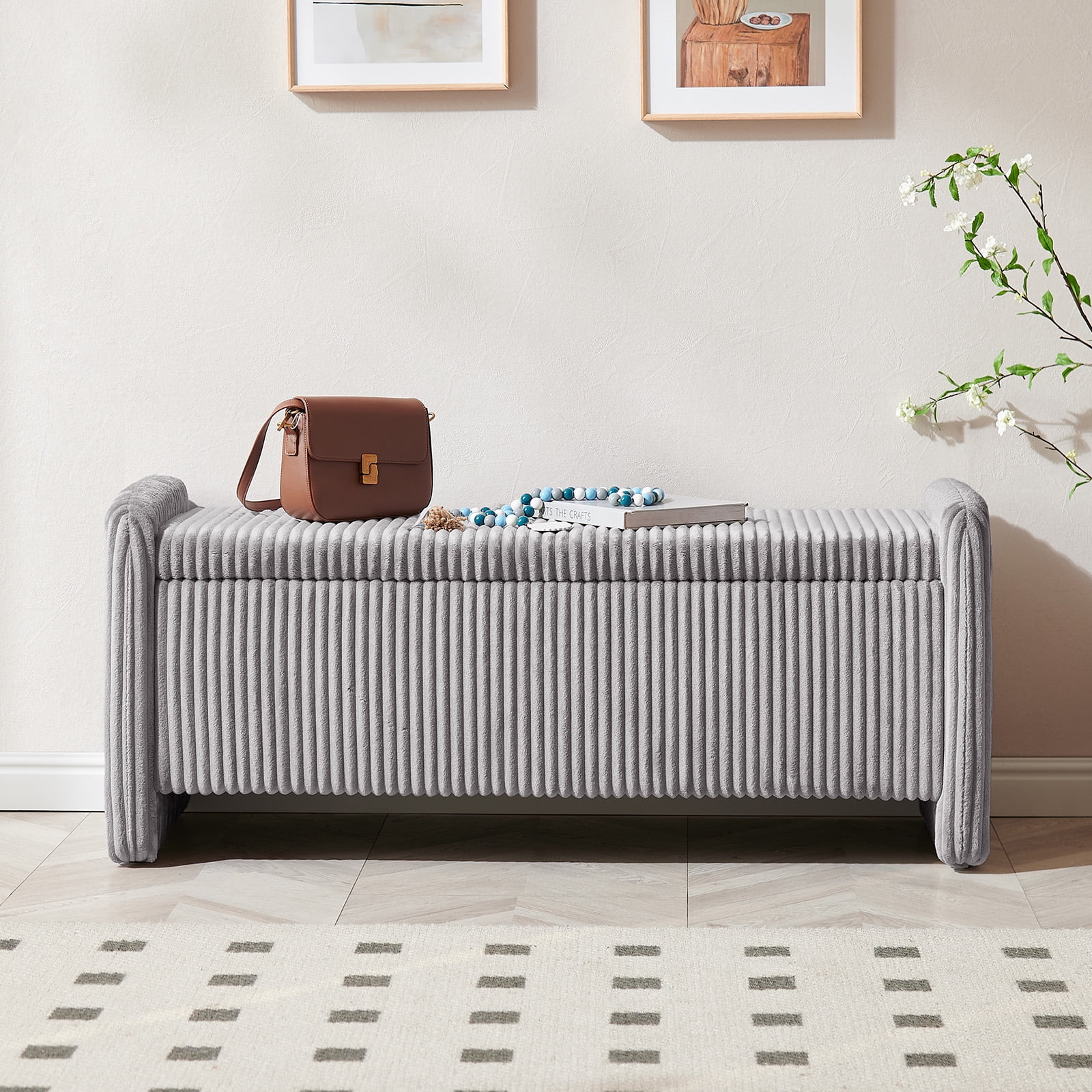 Pinmoco 44" Storage Ottoman Bench, Upholstered Entryway Bench with Storage End of Bed Bench for Bedroom& Living Room, Corduroy Gray - Image 9
