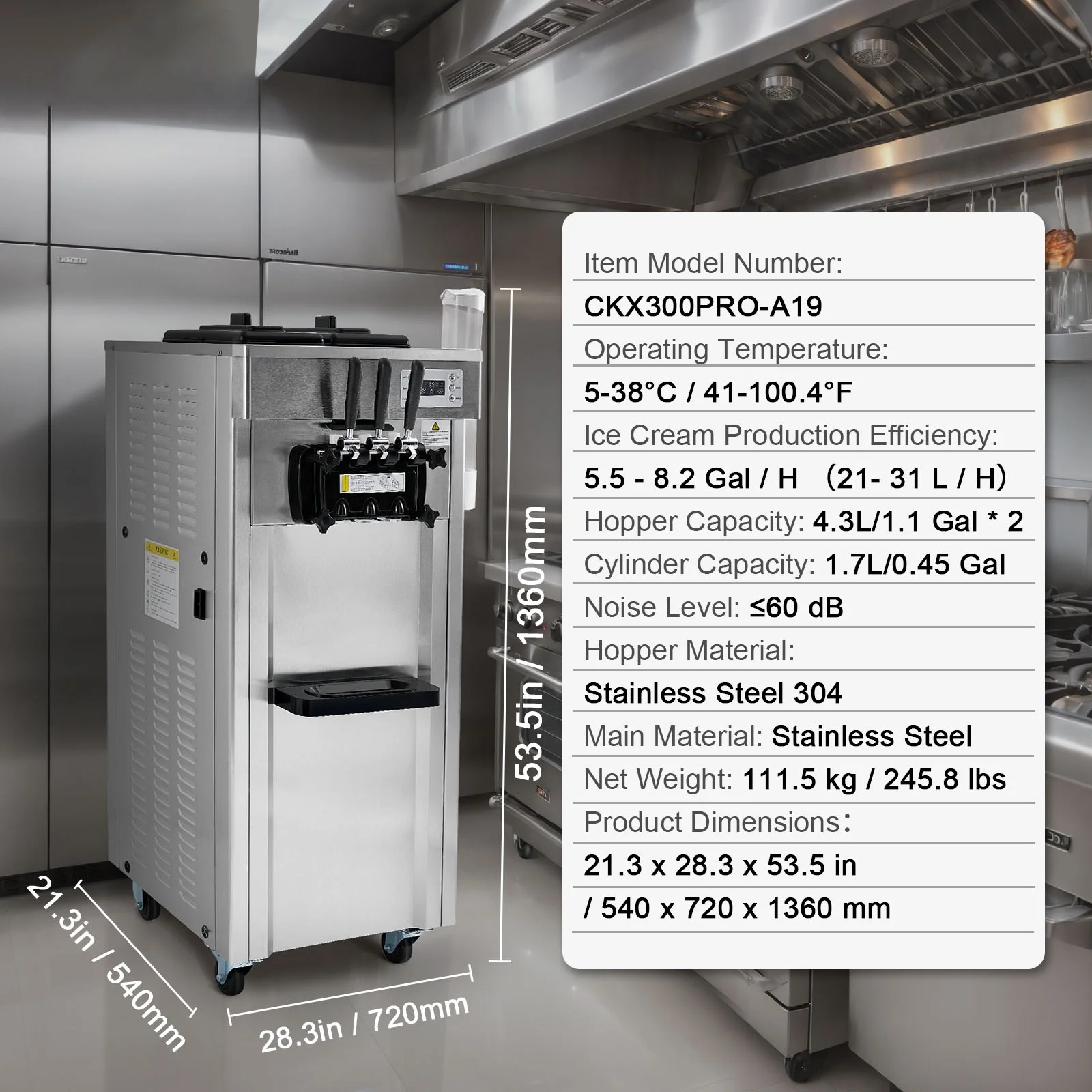 KFFKFF Commercial Soft Ice Cream Machine 21-31 L/H Output 3-Flavor LED Display Auto Clean 4.3L/1.1GAL Hopper ,1.7L/0.45gal Cylinder - Image 8