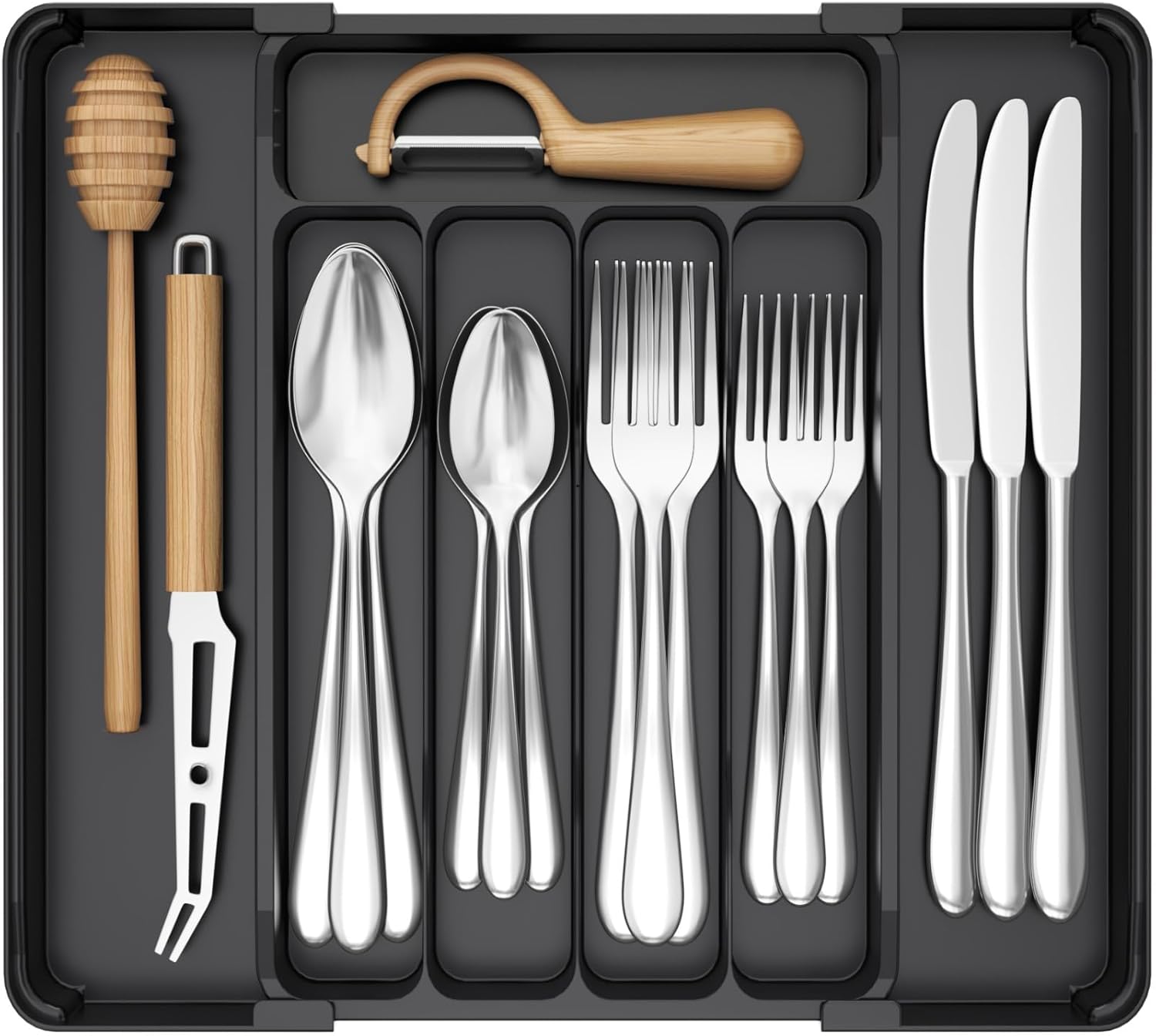 Lifewit Silverware Drawer Organizer, Expandable Utensil Tray for Kitchen, BPA Free Flatware and Cutlery Holder, Adjustable Plastic Storage for Spoons Forks Knives, 8.9-14.7 x 12.2