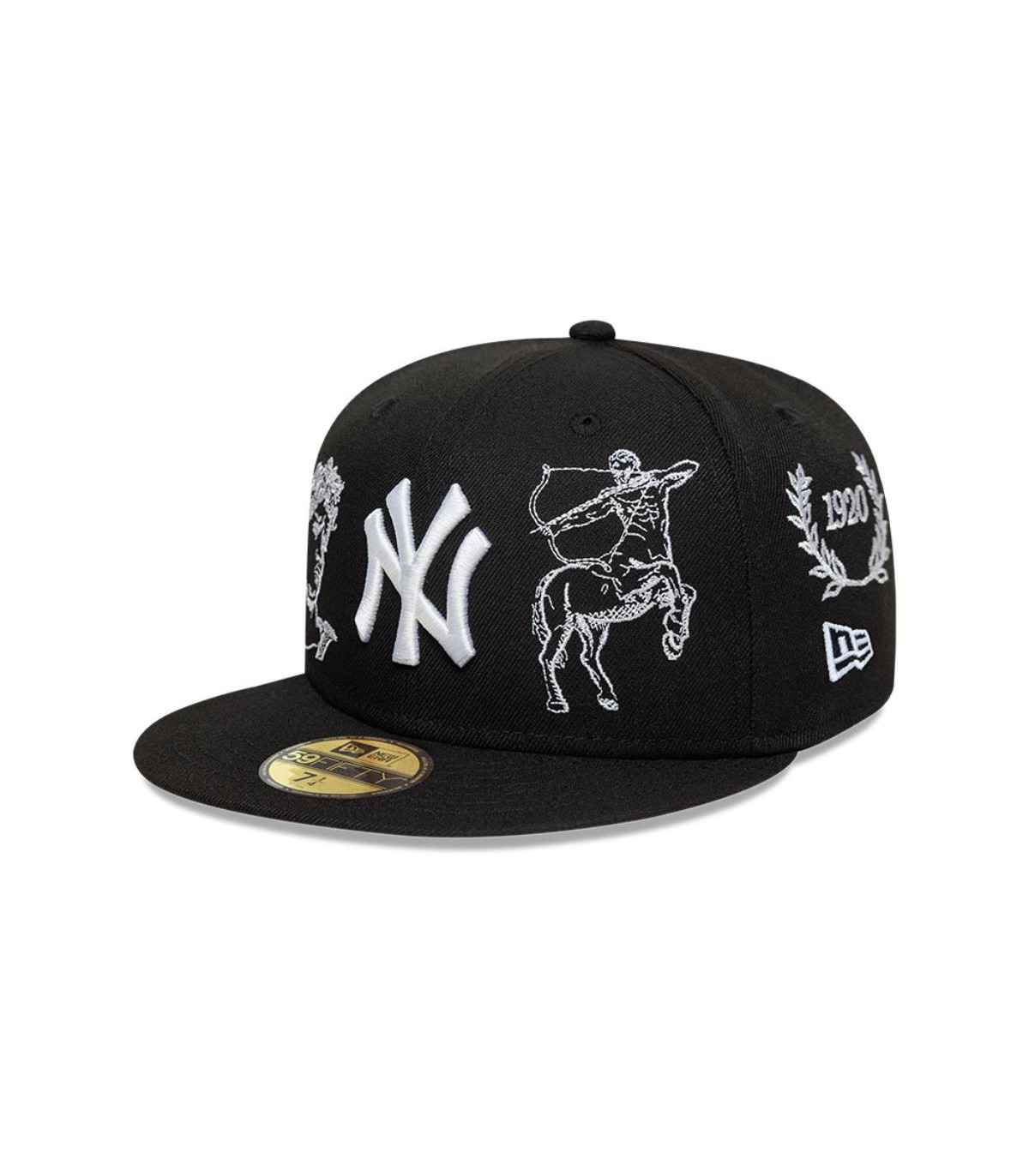 Front left side view of a black New Era NY Yankees 59FIFTY fitted hat, displaying the 'NY' logo, Chiron the centaur archer, a '1920' wreath, and the New Era flag logo, all in detailed white embroidery. Gold brim sticker visible.