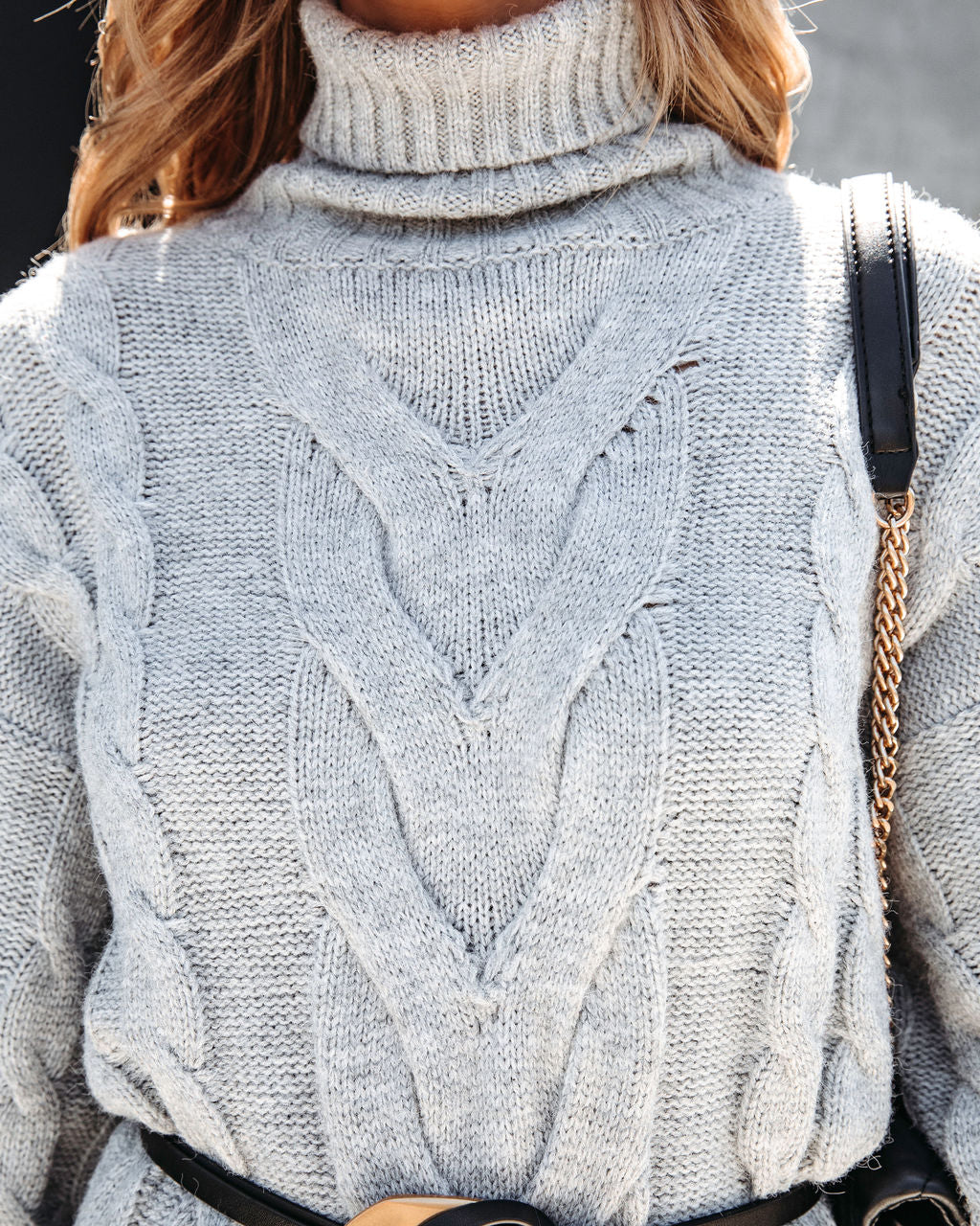 Cozy Night Out Cable Knit Turtleneck Sweater Dress - Heather Grey - Se7enfashion