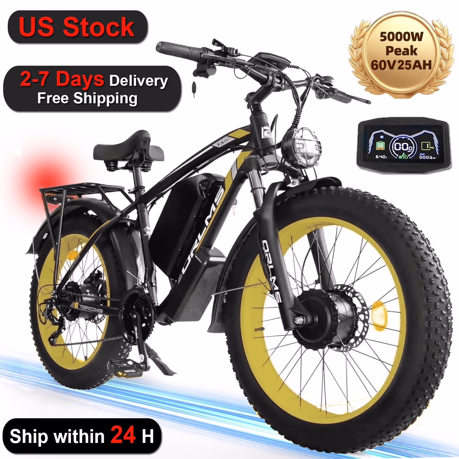 (US in Stock) 5000W Peak Dual Motor Electric Bike for Adults, 60V 25AH Removable Battery Ebike, 50MPH AWD 21 - Speed Mountain Snow E - Bike with 26" x 4.0 Fat Tire, Long Range Mountain Off - Road Ebikes(Black-Yellow)