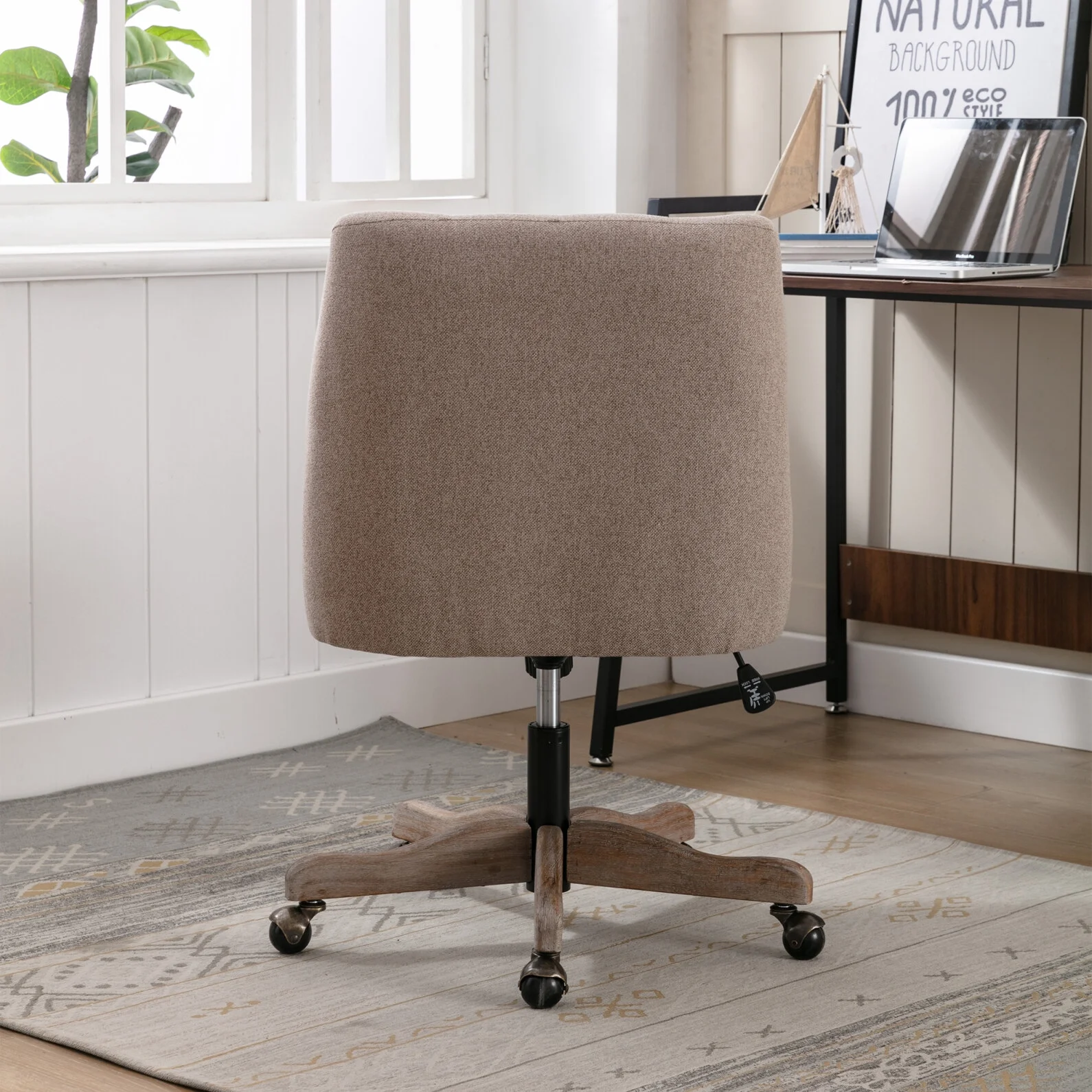 360 Degree Swivel Office Desk Chair, Upholstered Leisure Vanity Chair with Solid Wood Base and Wheels, Adjustable Height Computer Chair for Bedroom Living Room, Brown - Image 5