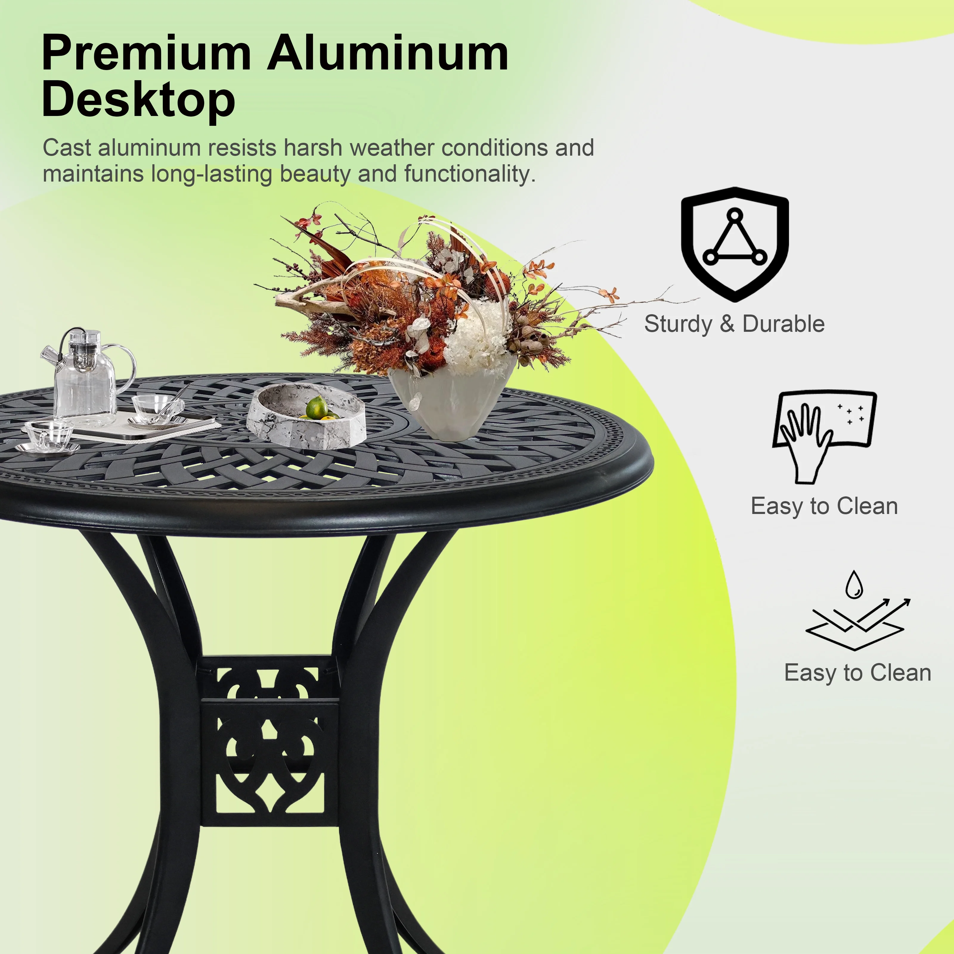 30.3 Inch Round Patio Table Cast Aluminum Patio Table,Metal Patio Dining Table with Umbrella Hole,All Weather Outdoor Bistro Dining Table for Backyard, Garden, Balcony, Black - Image 5