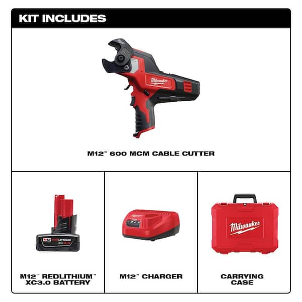 Milwaukee M12 12V Lithium-Ion Cordless 600 MCM Cable Cutter Kit With One 3.0Ah Battery, Charger And Hard Case - Image 2 Milwaukee M12 12V Lithium-Ion Cordless 600 MCM Cable Cutter Kit With One 3.0Ah Battery, Charger And Hard Case - Image 2