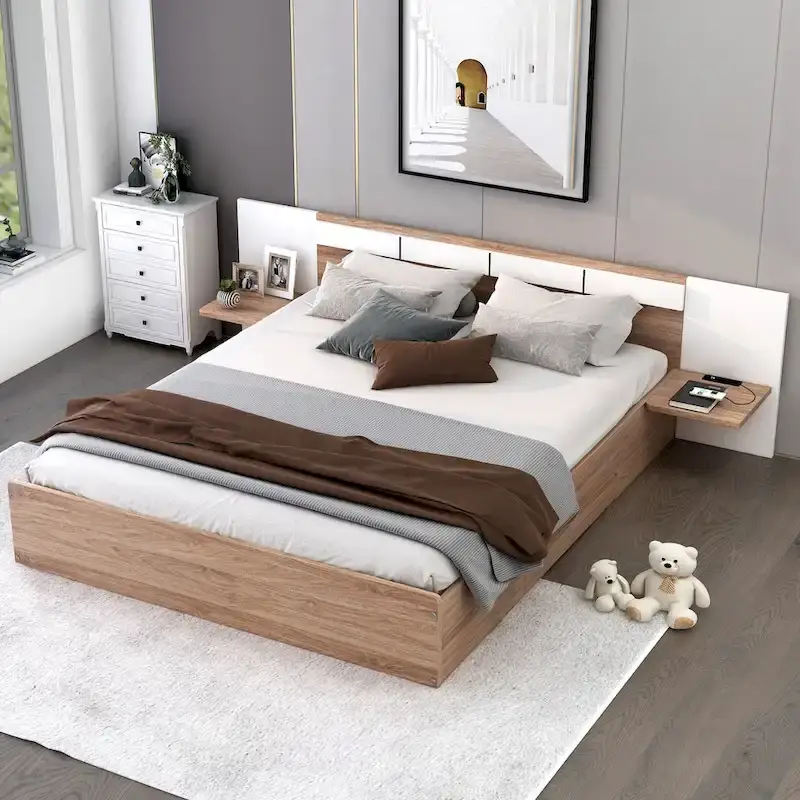 Natural Queen Size Platform Bed with Headboard, Storage Drawers, Shelves, USB Ports, and Outlets