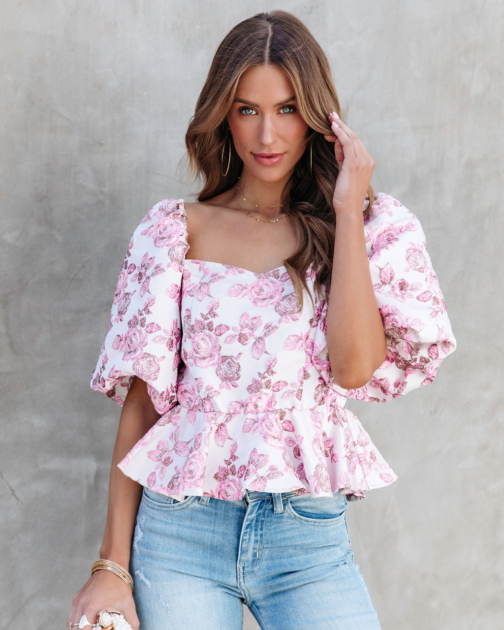 Katrina Floral Puff Sleeve Peplum Top - Se7enfashion