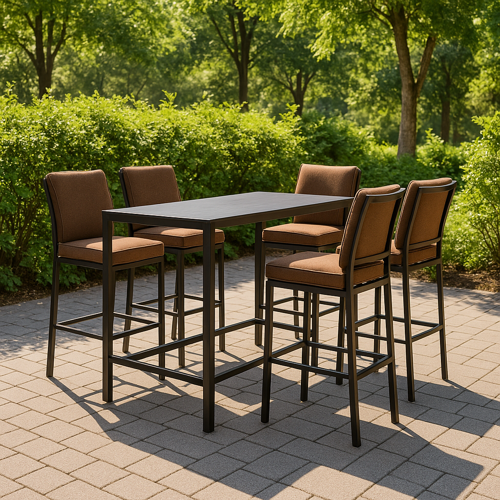 Bar de jardin Mesa alta con sillas Marrón y Negro Metal y tela Exterior 160×80×105cm