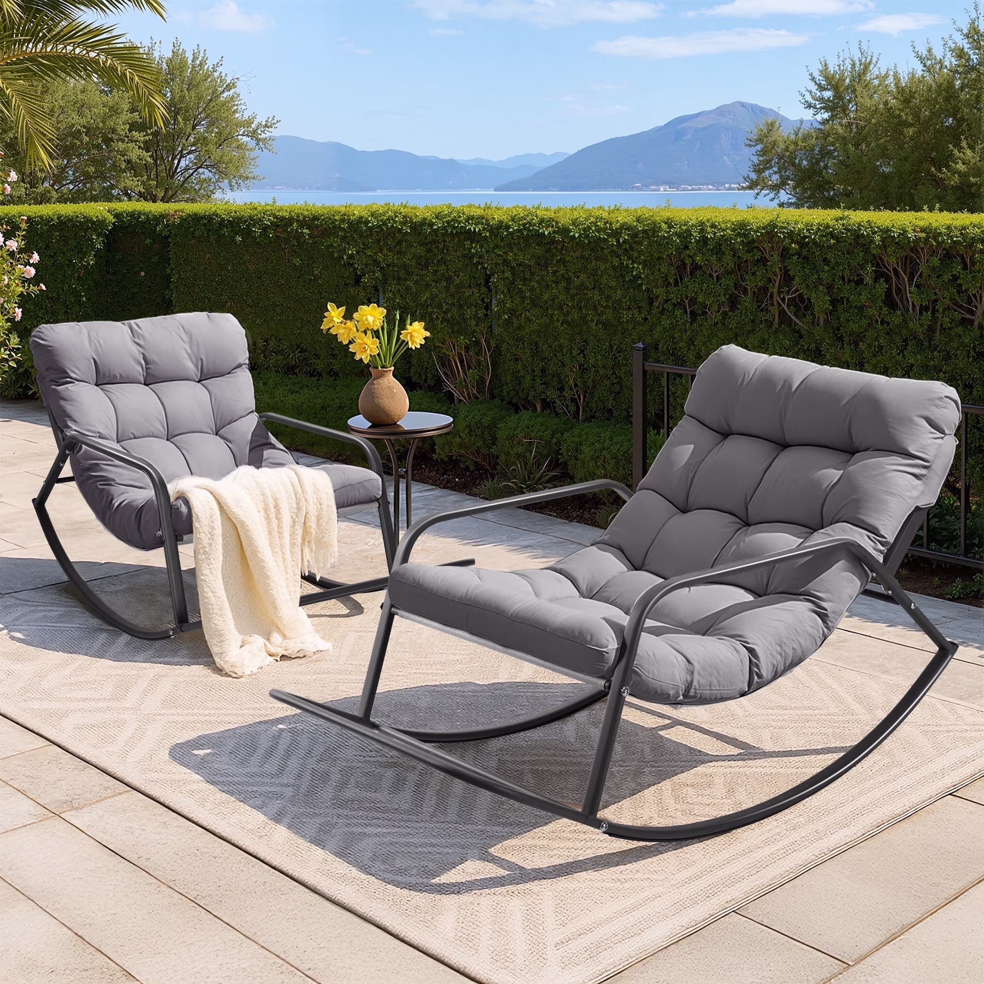 RADIATA Oversized Rocking Chair with Footrest, RADIATA Patio Papasan Rocking Recliner for Indoor Outdoor Use, Heavy Duty Wicker Lounge Chair, 450lbs, Beige