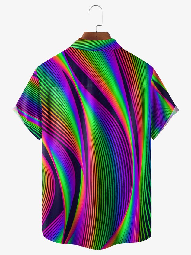 Laser Striped Print Chest Pocket Short Sleeve Casual Shirt