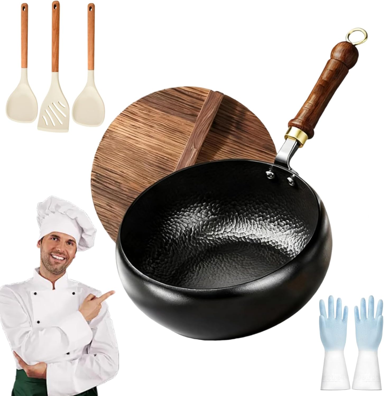 Carbon Steel Wok Pan, Japanese Jinswhdre Cast Iron Pan, Large Capacity Spill Hand-Forged Non-Stick Pans Without Coating for Gas Stove & Cooking (9.4in,With lid)
