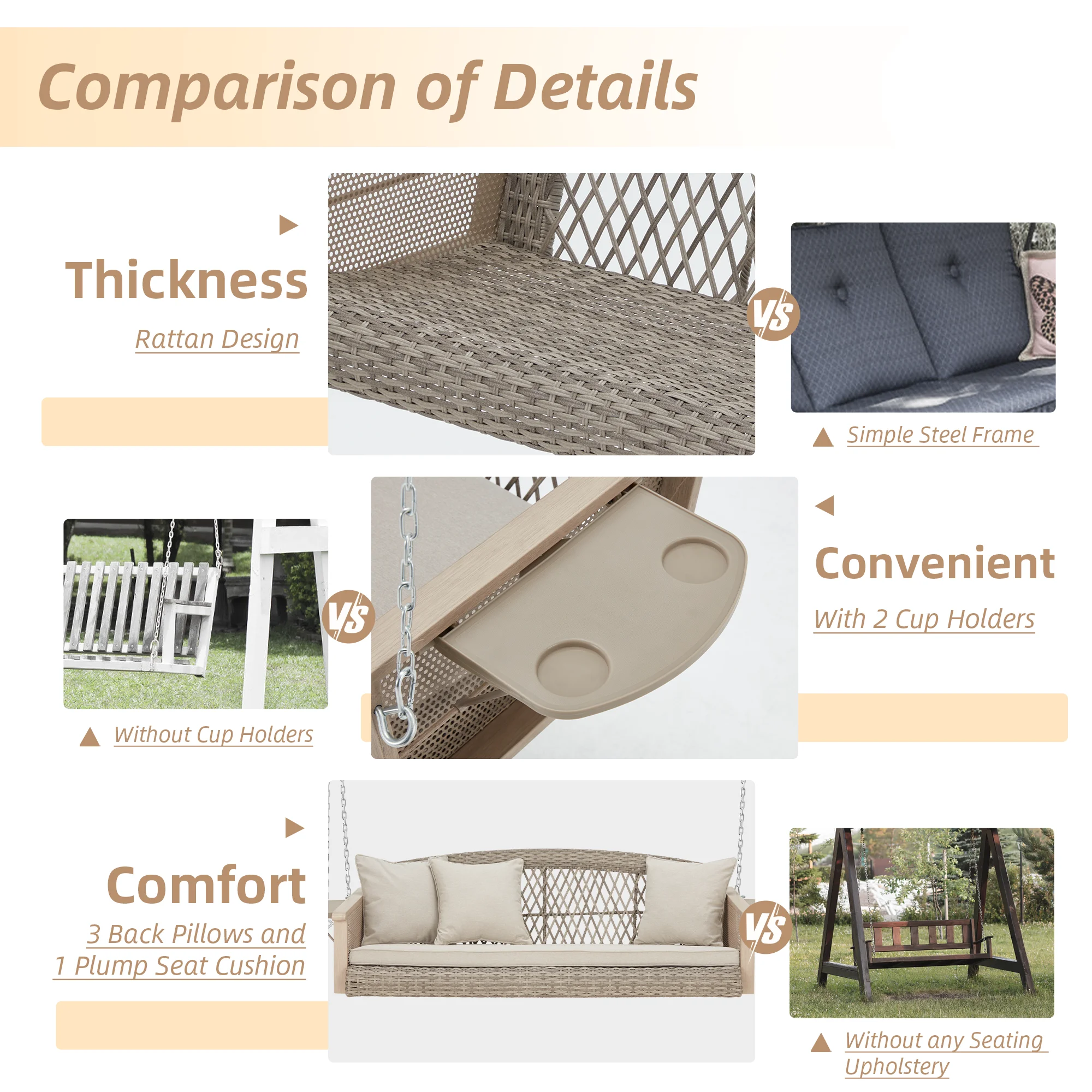 Homrest 3-Person Porch Swing 55in Wicker Hanging Swing Bench with Cushions and Cupholders for Deck, Garden and Backyard, Beige - Image 4