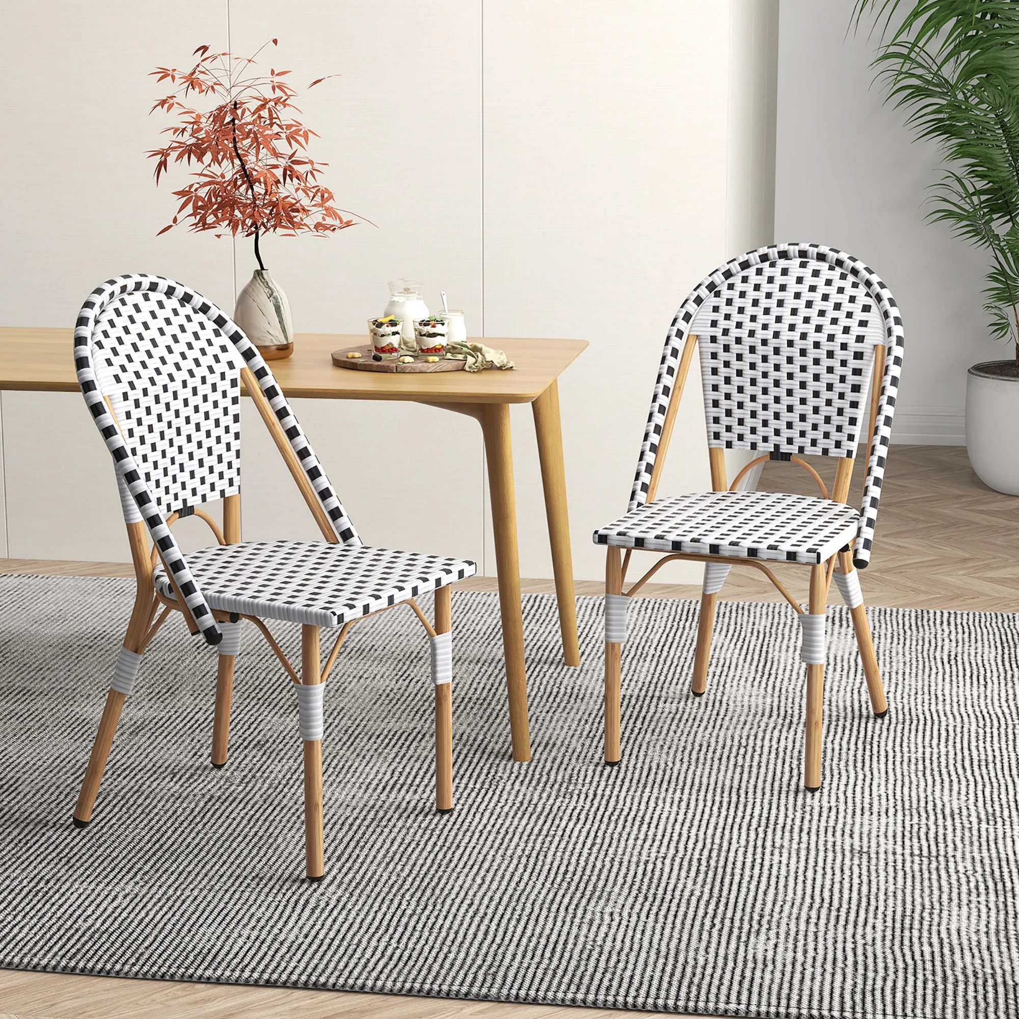 Gymax French Bistro Chair Set of 4 w/ Hand-woven Rattan Galvanized Metal Frame Outdoor - Image 2
