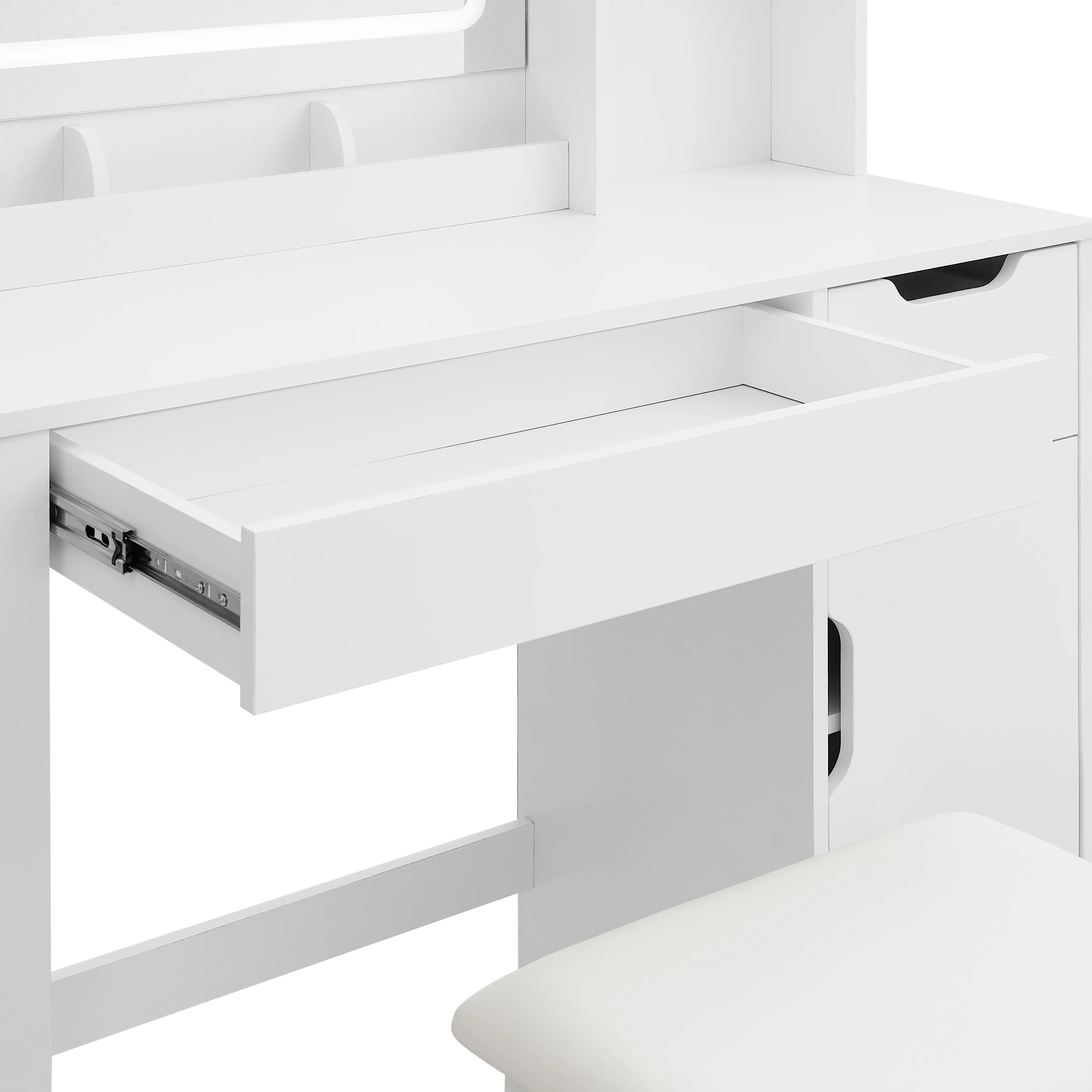 Mainstays Get Ready with Me GRWM Deluxe 2-Piece Vanity and Stool with Lighted Mirror and USB Power, White Finish - Image 13
