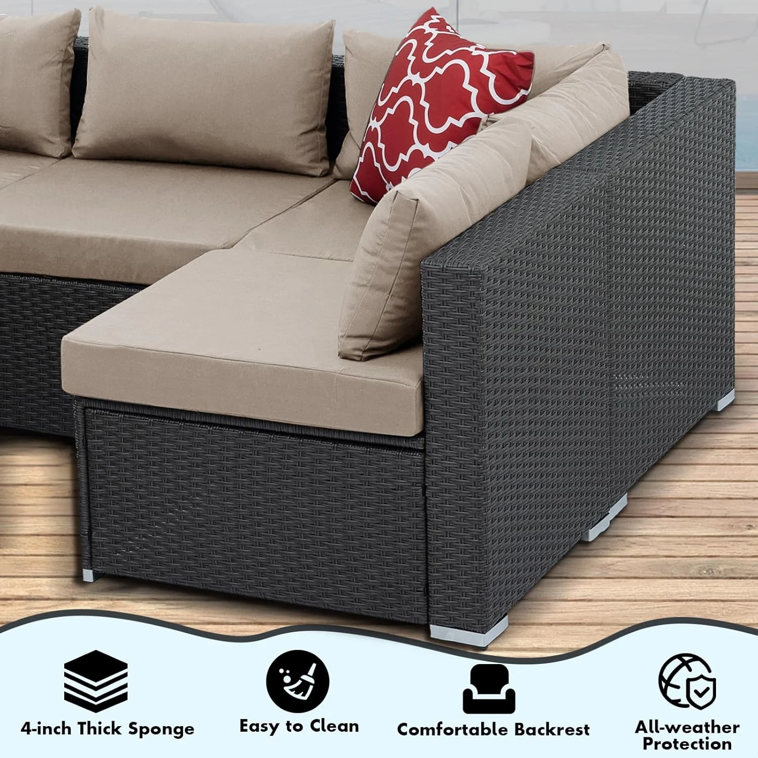 7 Piece Patio Furniture Sets Outdoor Sectional PE Rattan Outdoor Furniture Patio Conversation Set with Cushions and Glass Coffee Table, for Balcony Lawn and Garden, Gray - Image 24