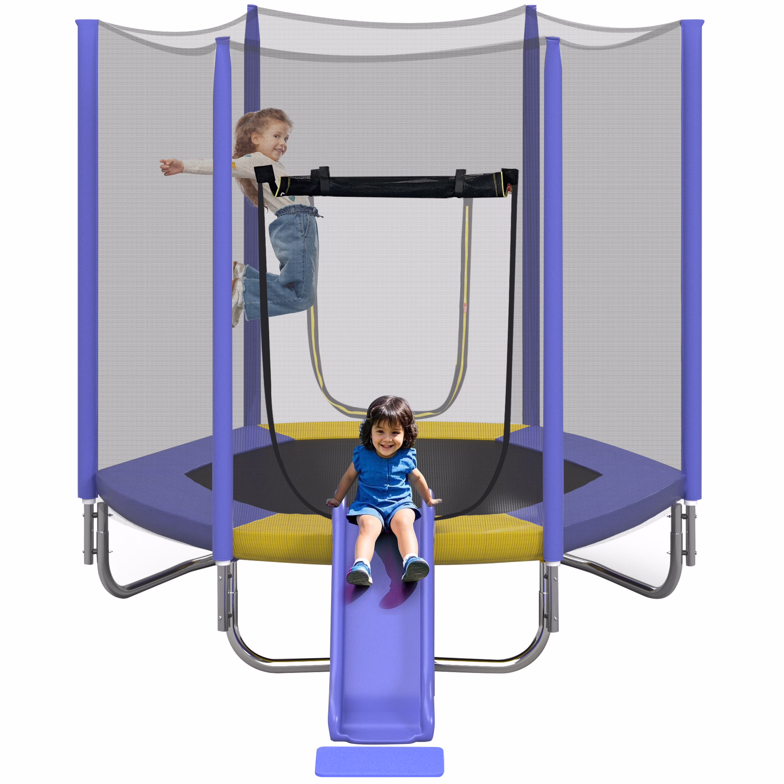 EUROCO 7FT Trampoline with Removable Slide, Kids Indoor Outdoor Trampoline with Enclosure Net and Ladder, Pink - Image 3