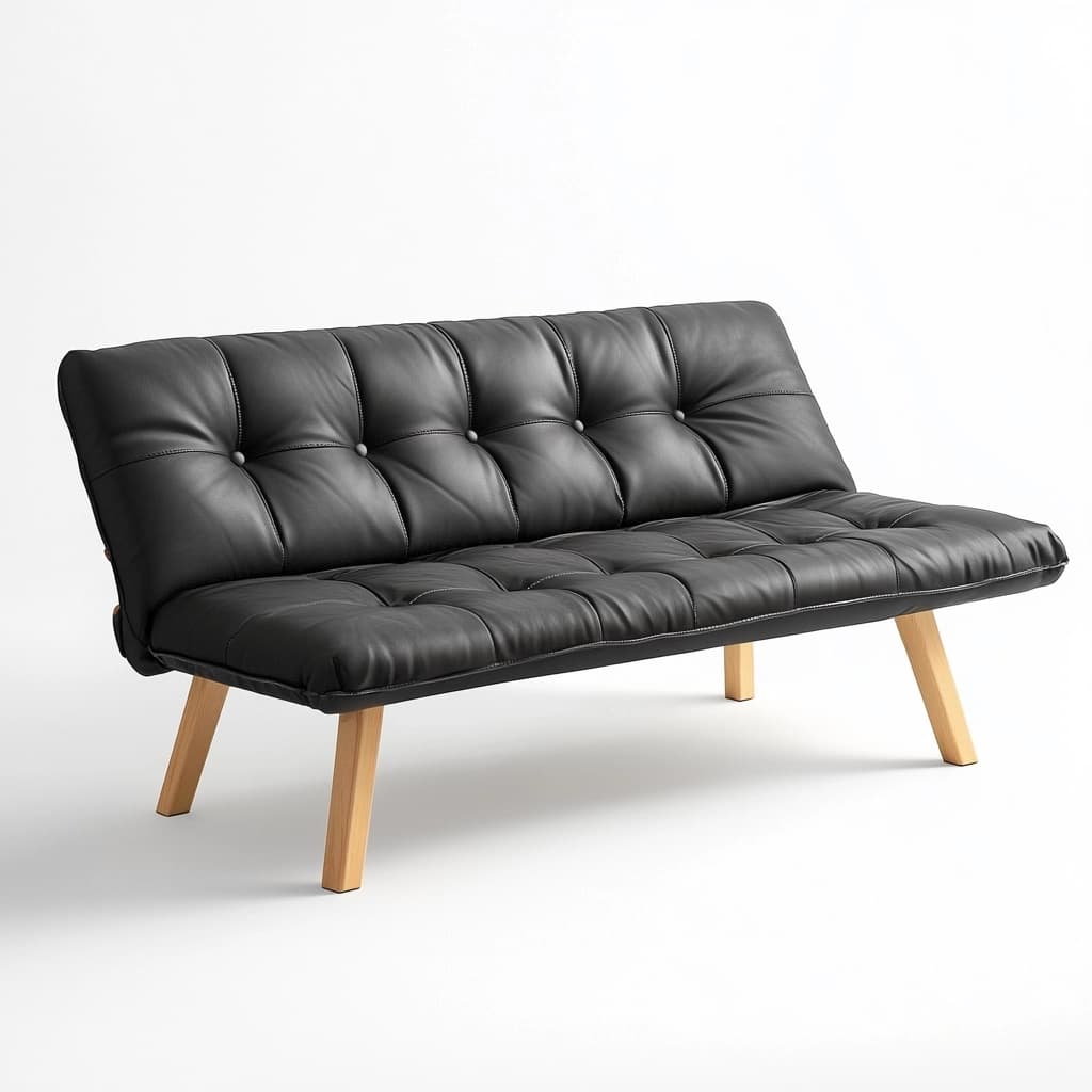 Sofá cama tapizado cuero sintético negro con patas de madera